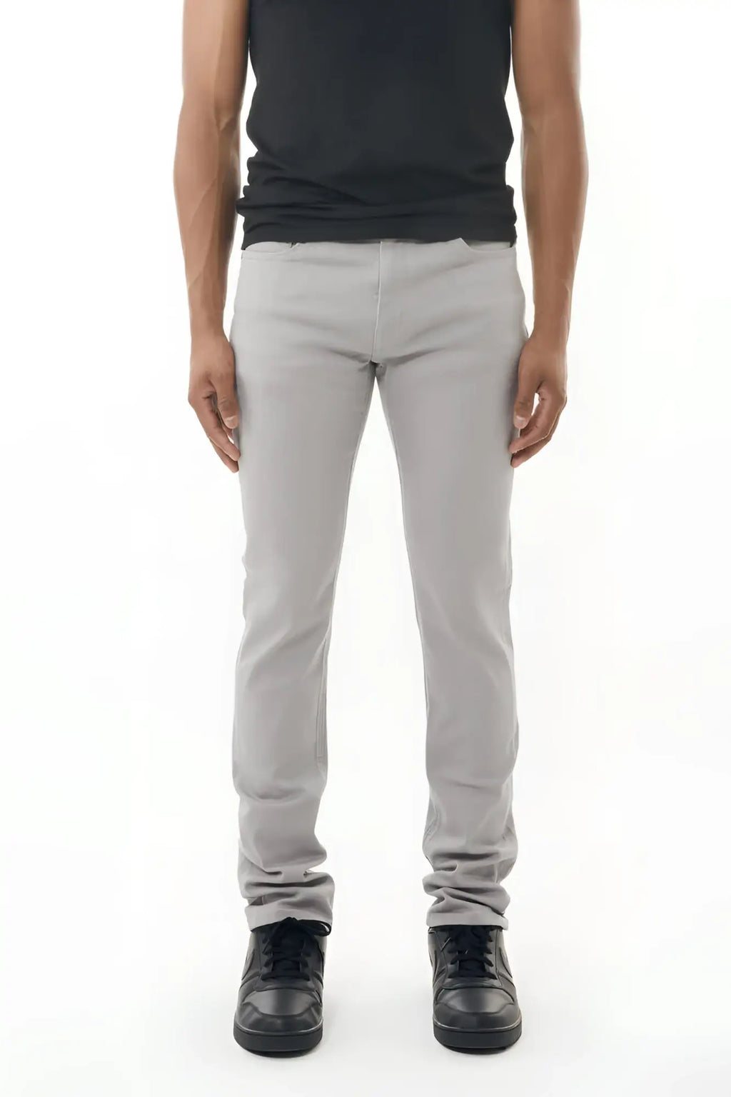 Gray slim-fit stretch twill pant featuring a clean modern cut and subtle stitching details
