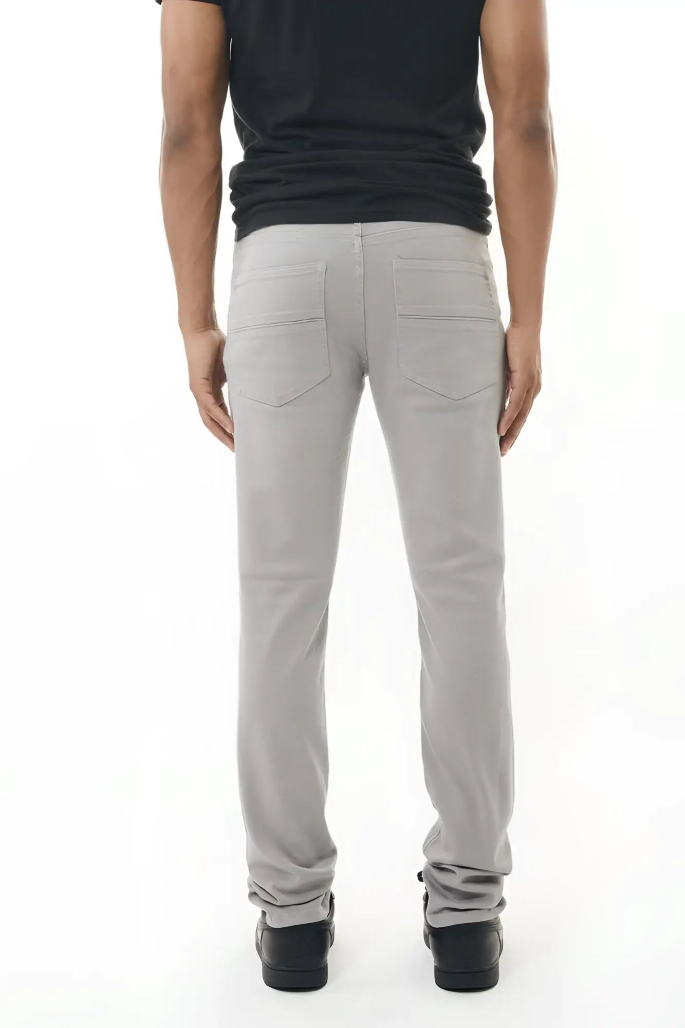 Light gray stretch twill slim-fit pant with a clean modern cut and subtle stitching details