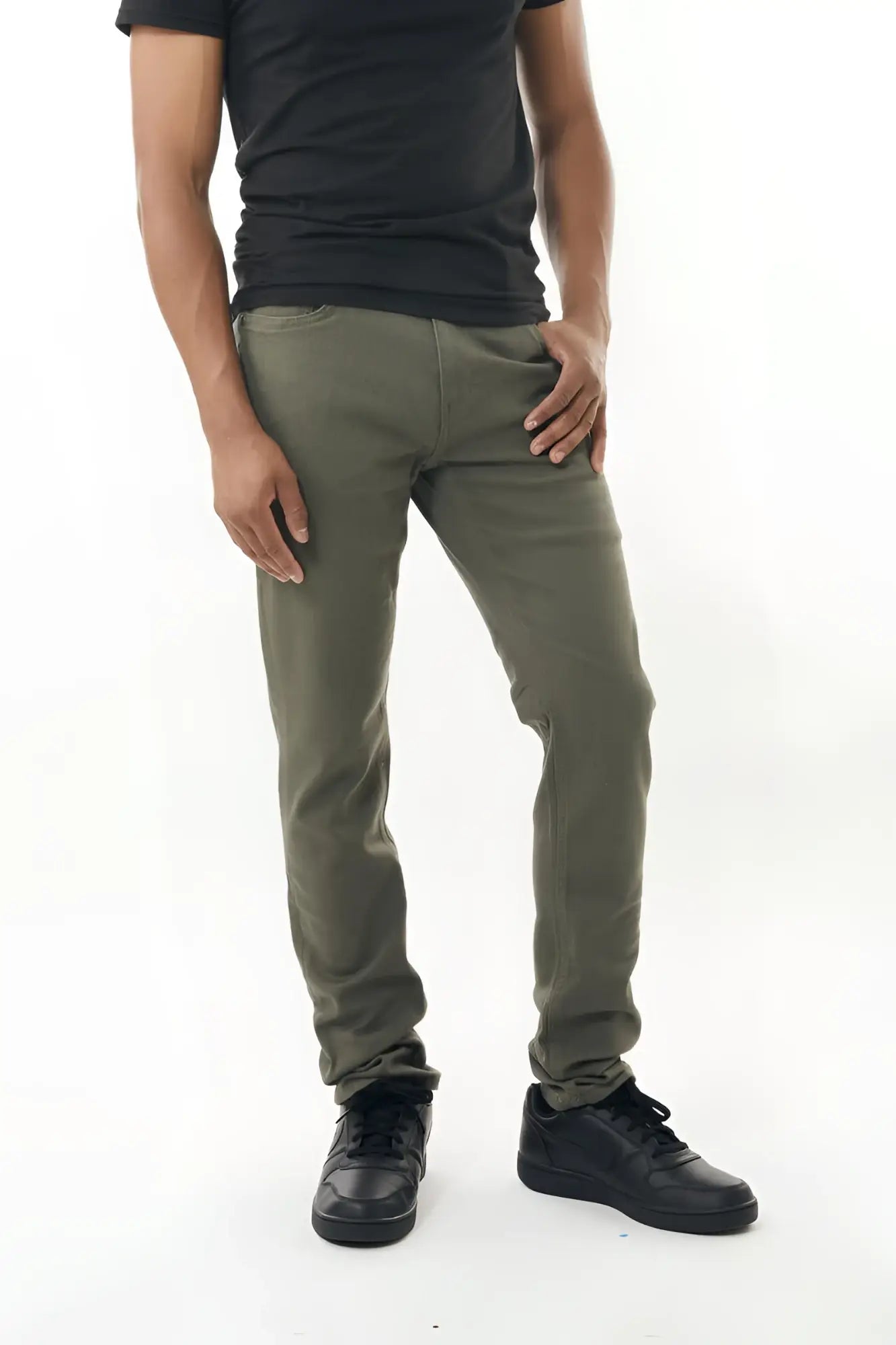 Olive green slim-fit stretch twill pant made from stretch twill fabric for a comfortable fit and stylish look