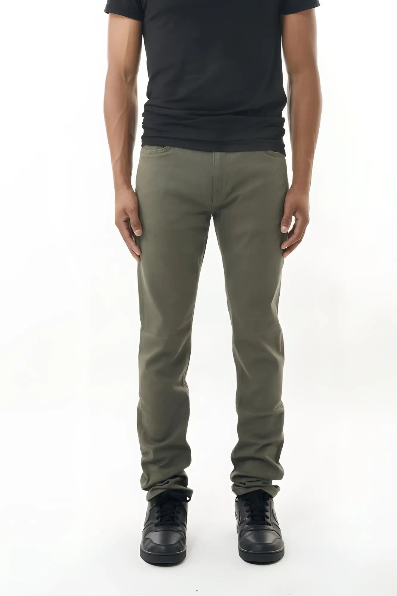 Olive green stretch twill pant slim fit made of durable cotton with classic five-pocket design and subtle stitching details