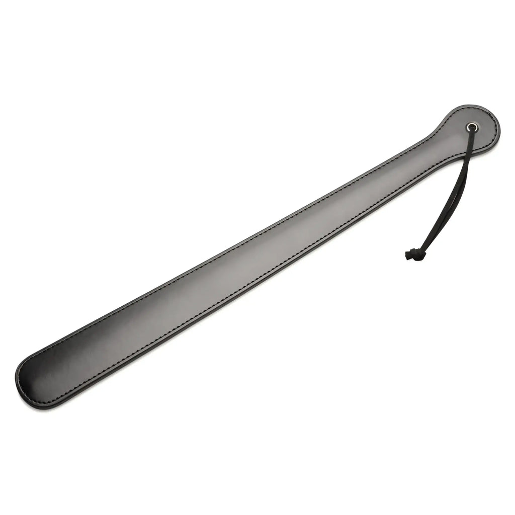Strict 19-inch slapper paddle in sleek black leather with stitched edges and a matching wrist cord.