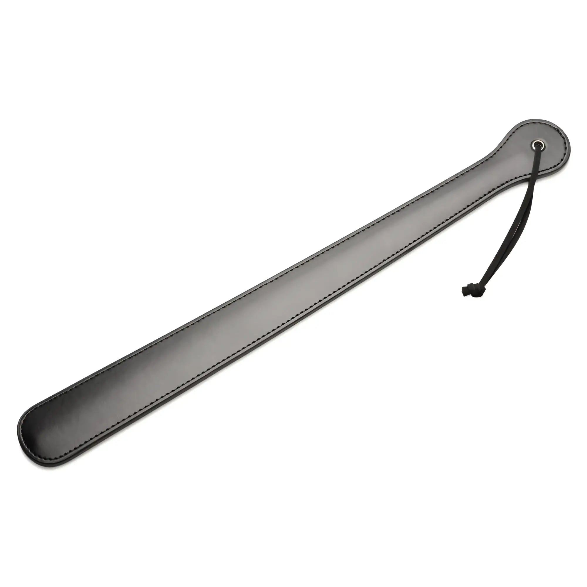 Strict 19-inch slapper paddle in sleek black leather with stitched edges and a matching wrist cord.