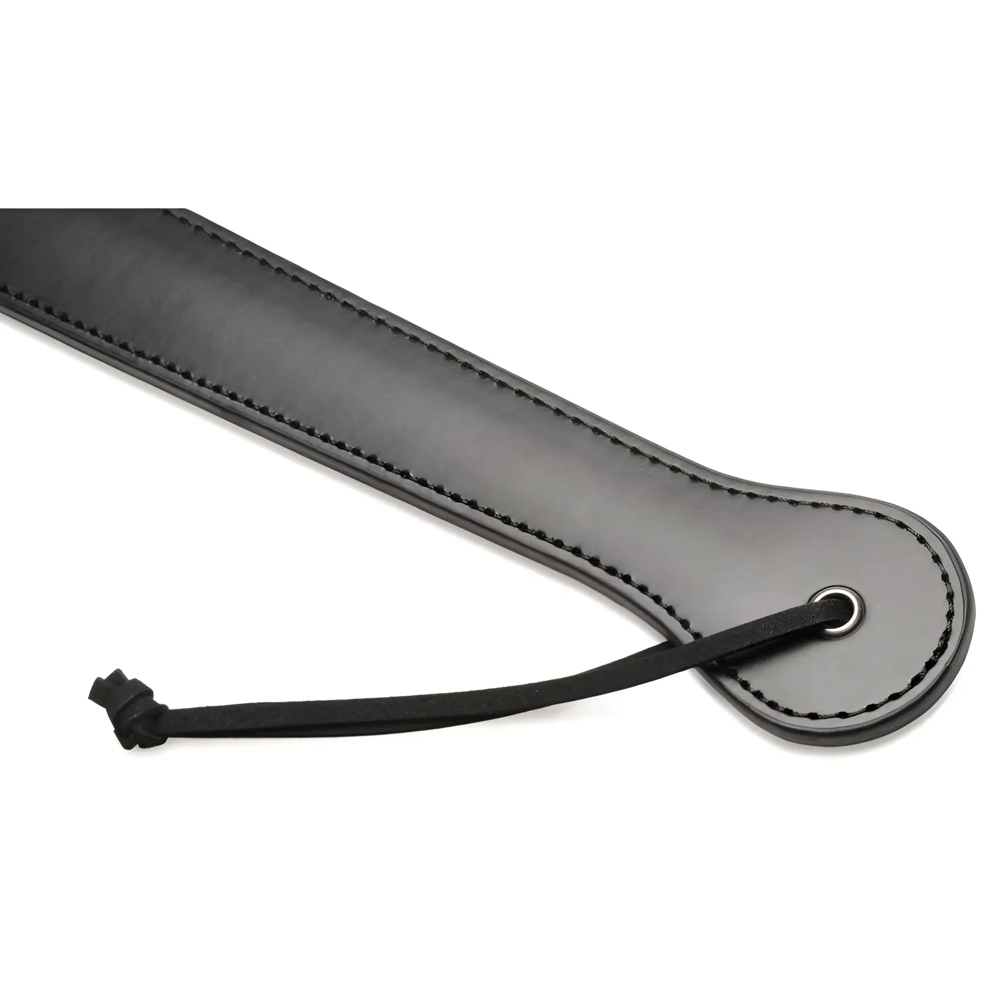 Strict 19 Inch Slapper Paddle: A black leather paddle with detailed stitching, a metal grommet, and a looped cord.