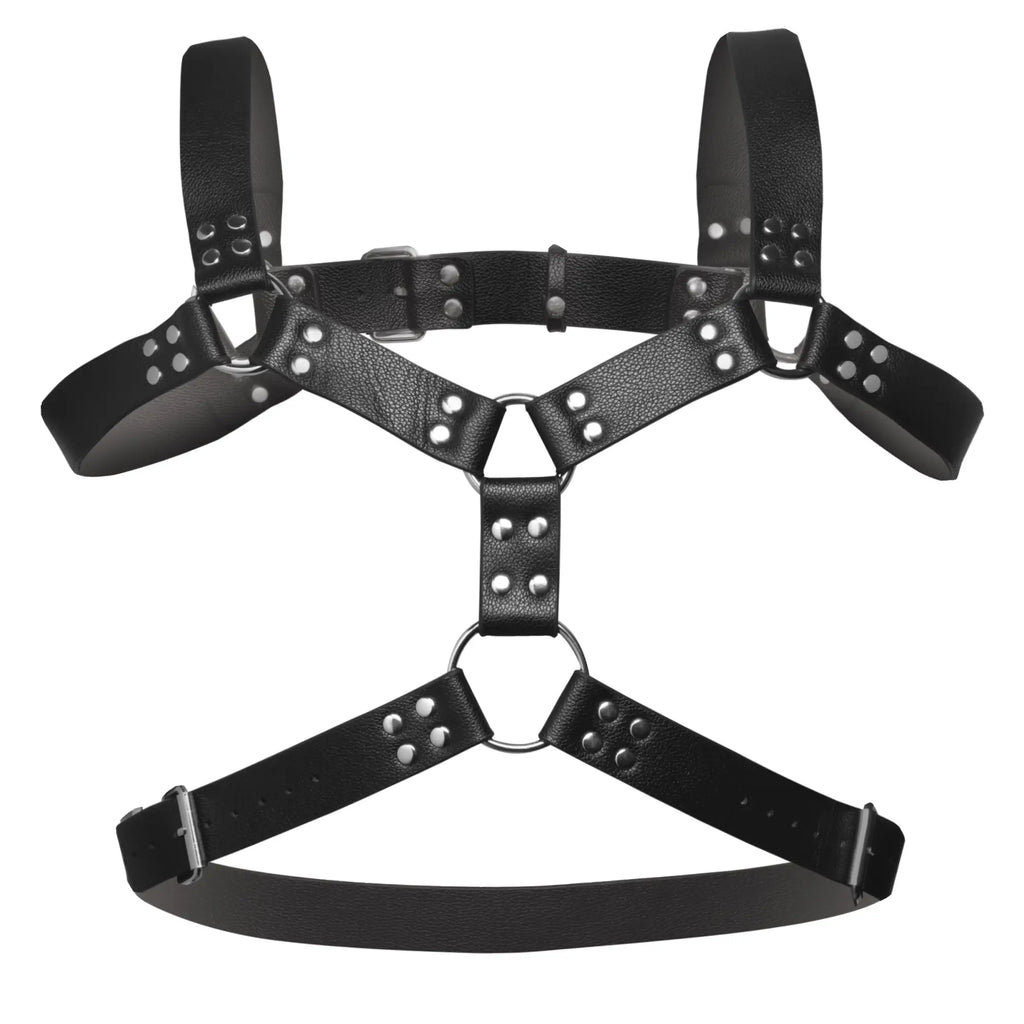Black faux leather chest harness with adjustable silver metal buckles, O-rings, and decorative stud accents.