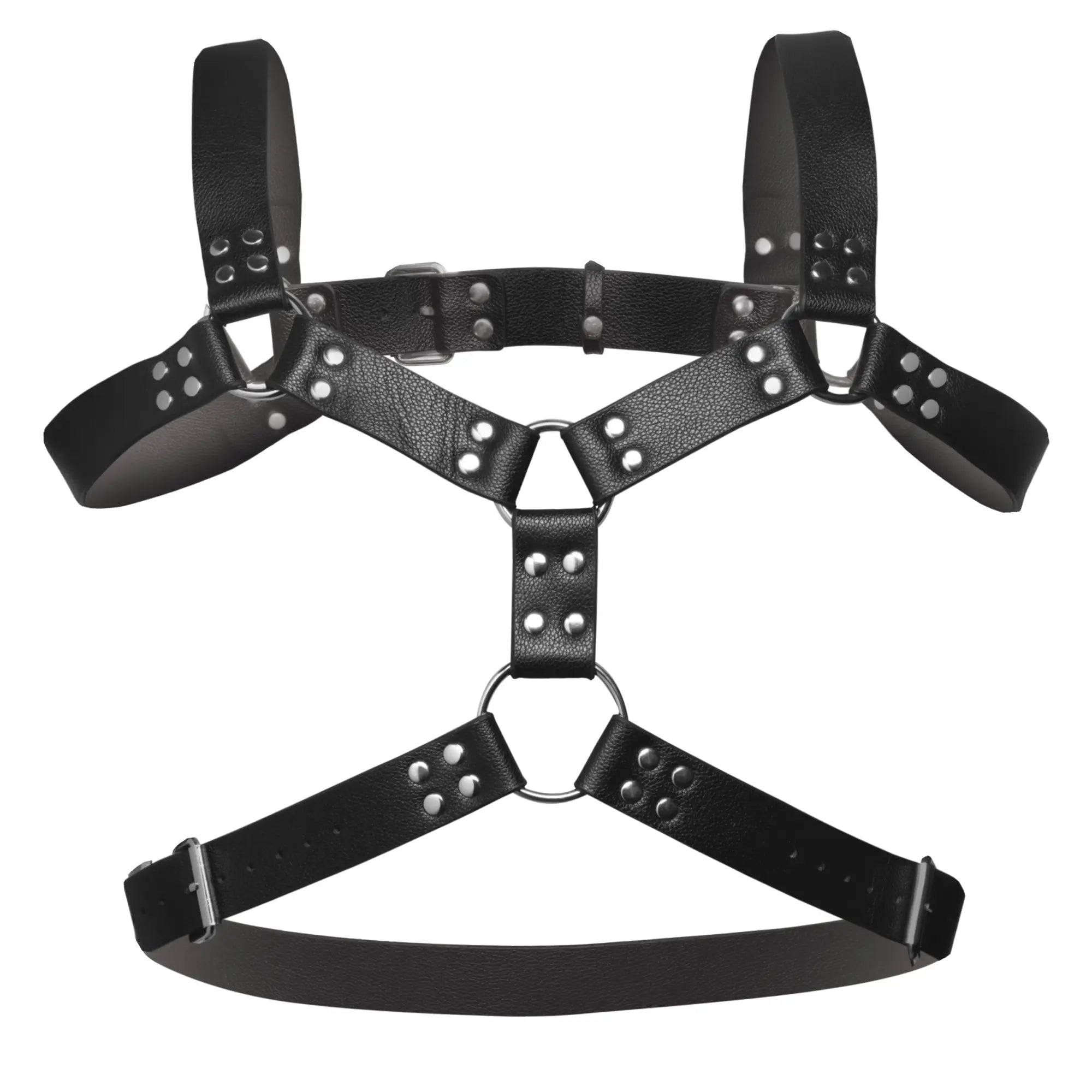 Black faux leather chest harness with adjustable silver metal buckles, O-rings, and decorative stud accents.