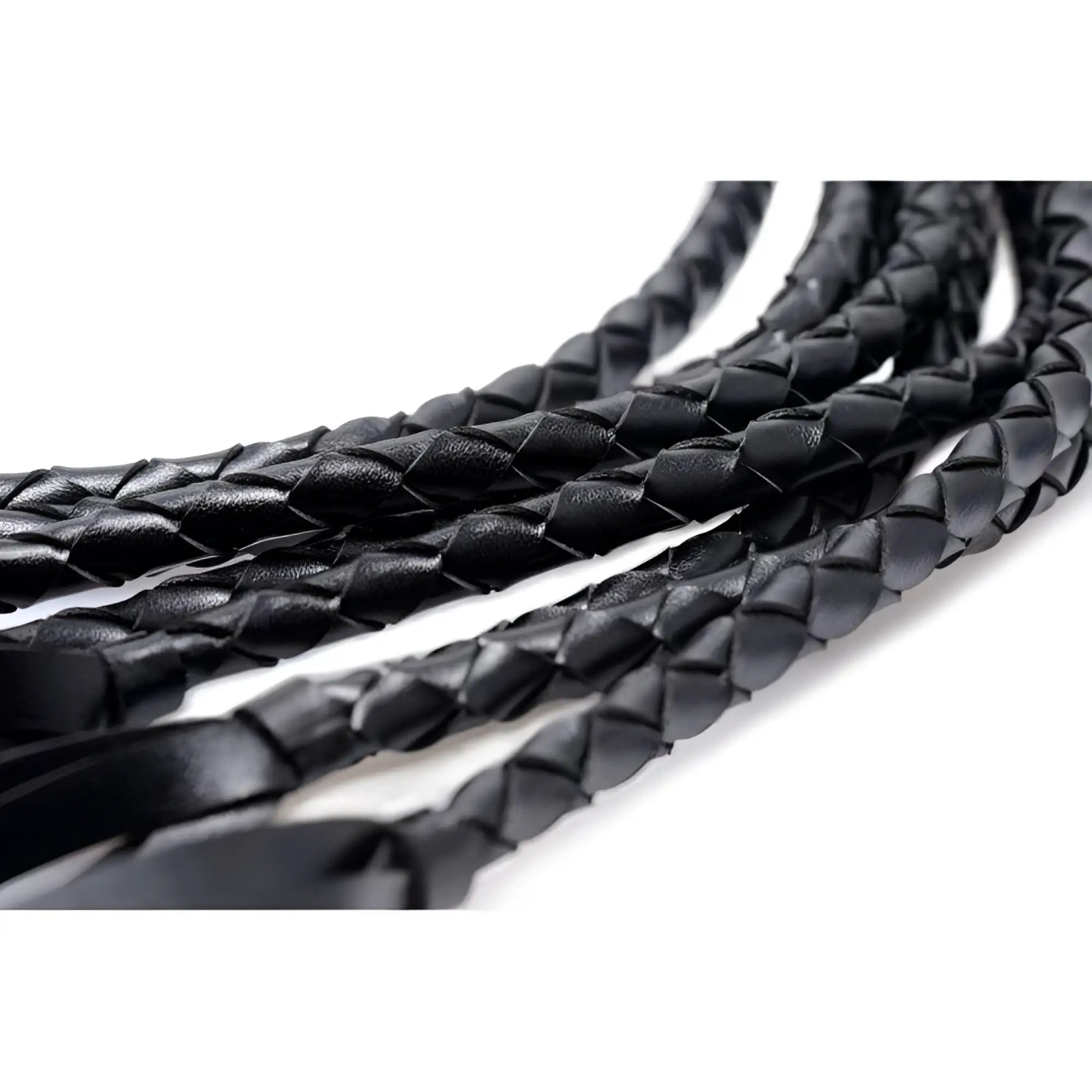 Close-up of the Strict 8 Tail Braided Flogger, featuring black, intricately woven leather strands.