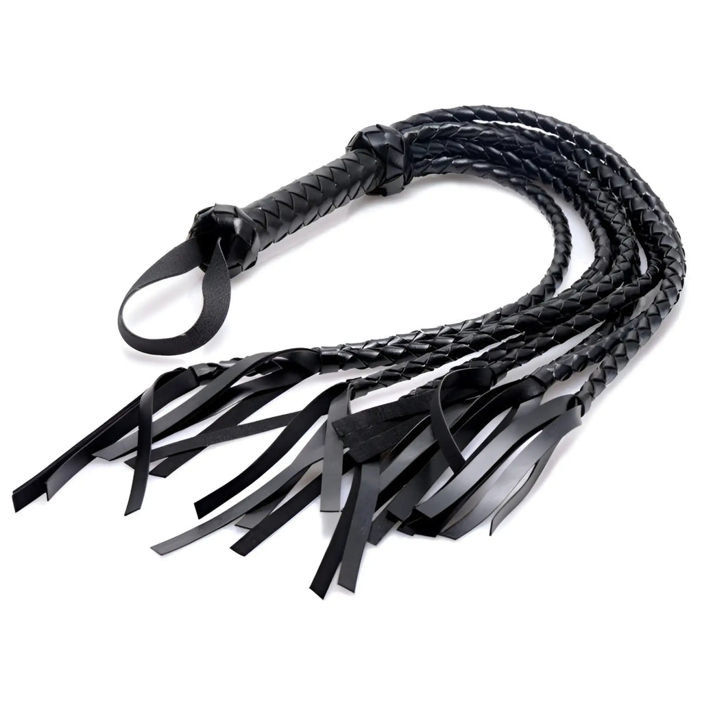 Strict 8 Tail Braided Flogger: A black leather flogger with a woven handle, wrist loop, and eight braided tails.