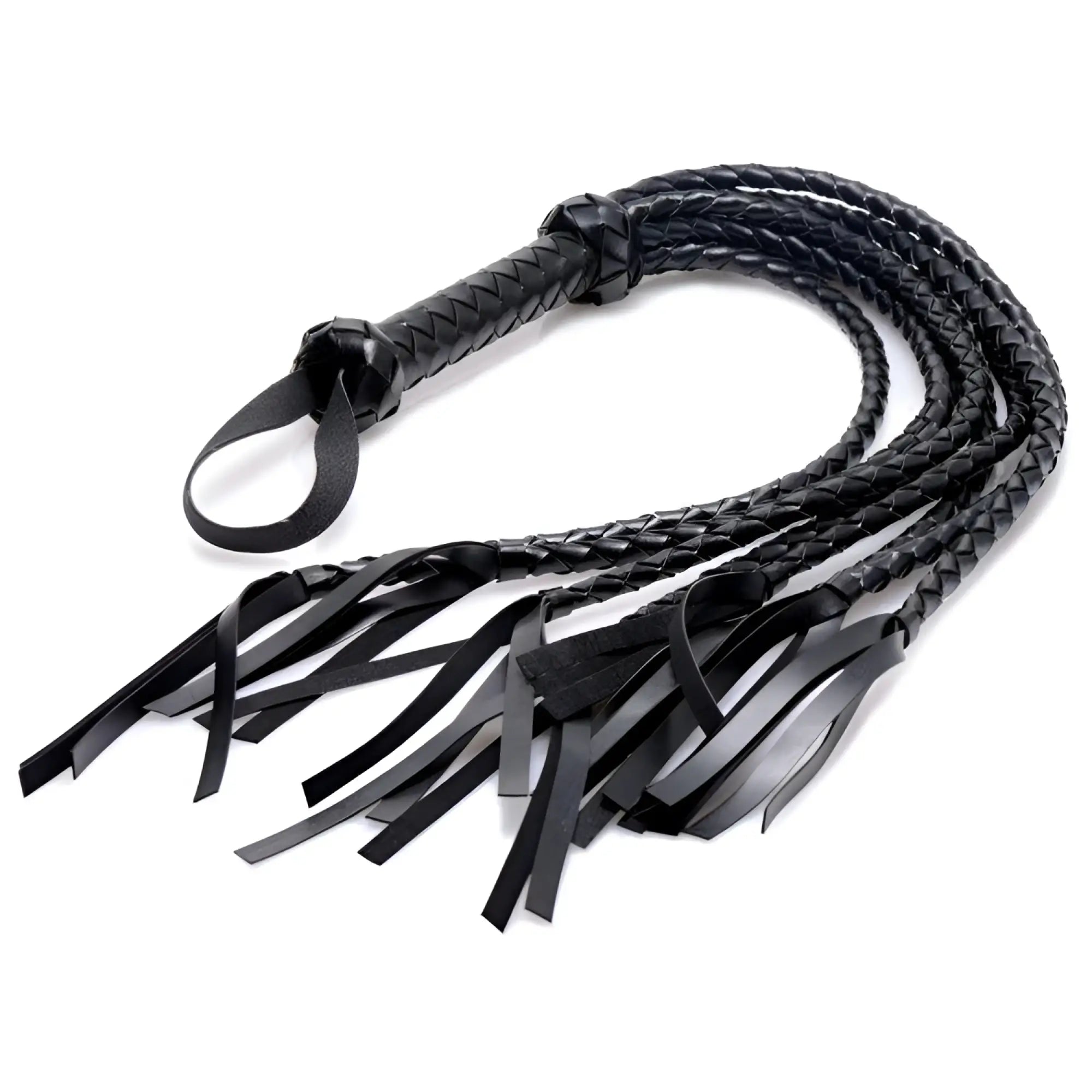 Strict 8 Tail Braided Flogger: A black leather flogger with a woven handle, wrist loop, and eight braided tails.