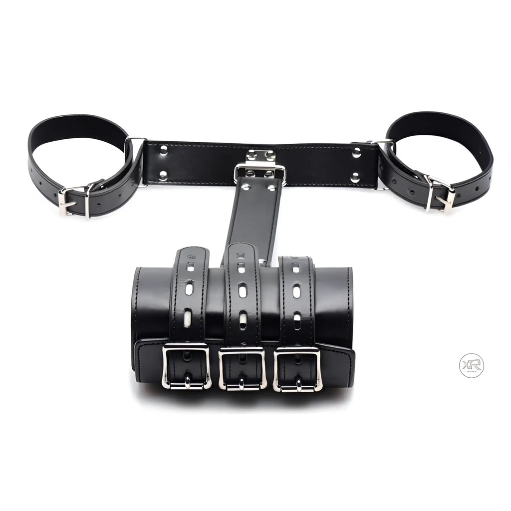 Strict Armbinder: A black leather restraint featuring adjustable cuffs connected to a central triple-buckle forearm cuff.