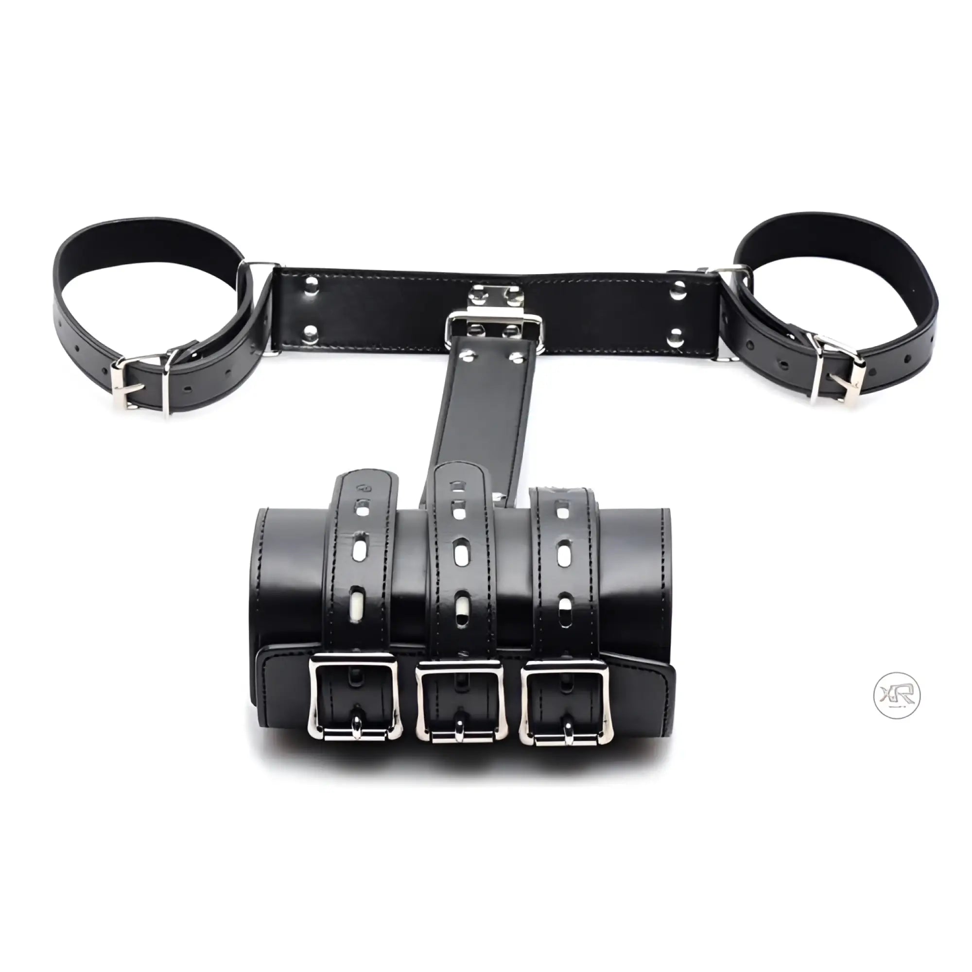 Strict Armbinder: A black leather restraint featuring adjustable cuffs connected to a central triple-buckle forearm cuff.