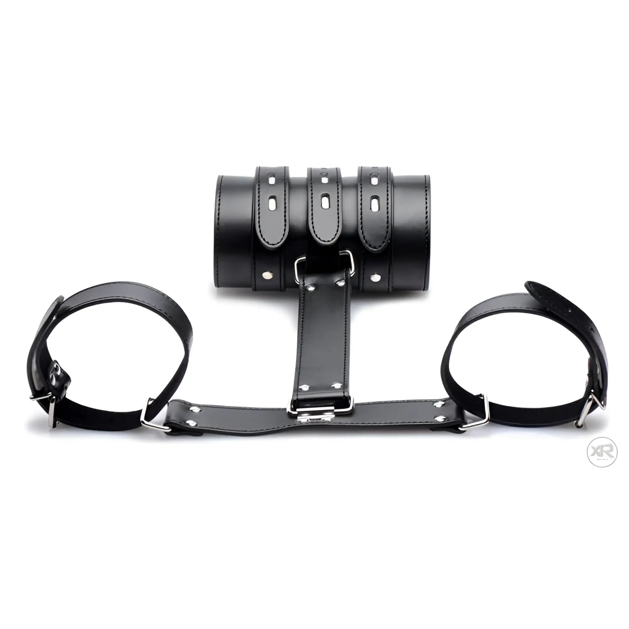 Strict Armbinder in black leather, featuring a central cuff connected to two side wrist straps with metal hardware.