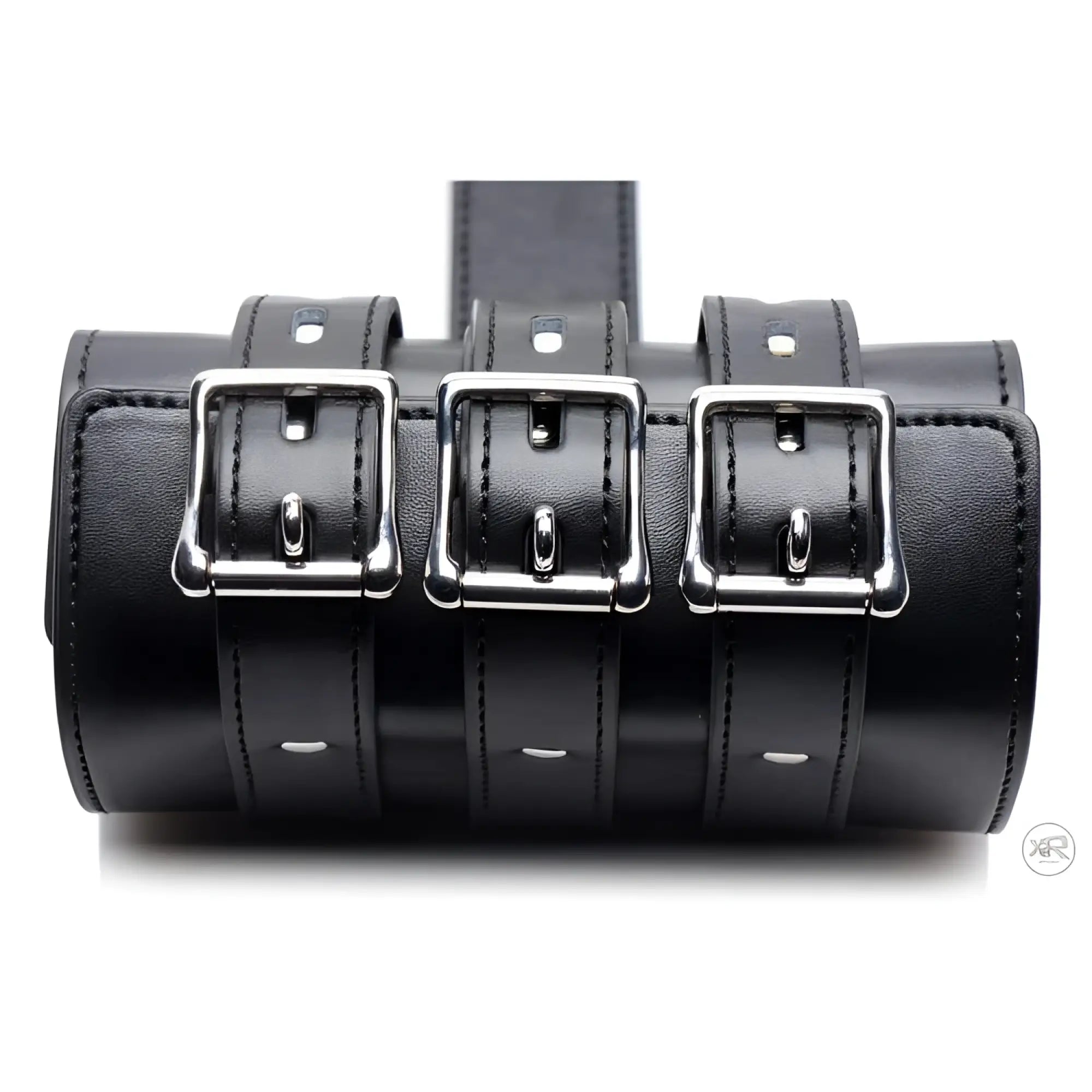 Strict Armbinder made of black leather with three polished silver buckles and adjustable straps.