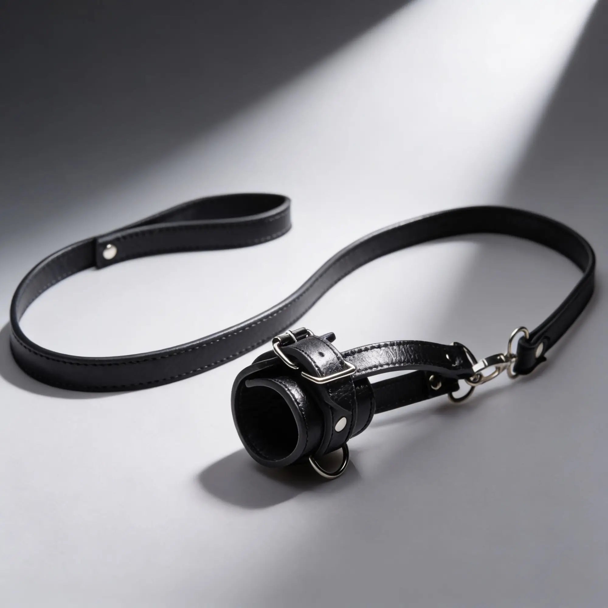 Strict Ball Stretcher with Leash in black leather with silver hardware, displayed against a grey background.