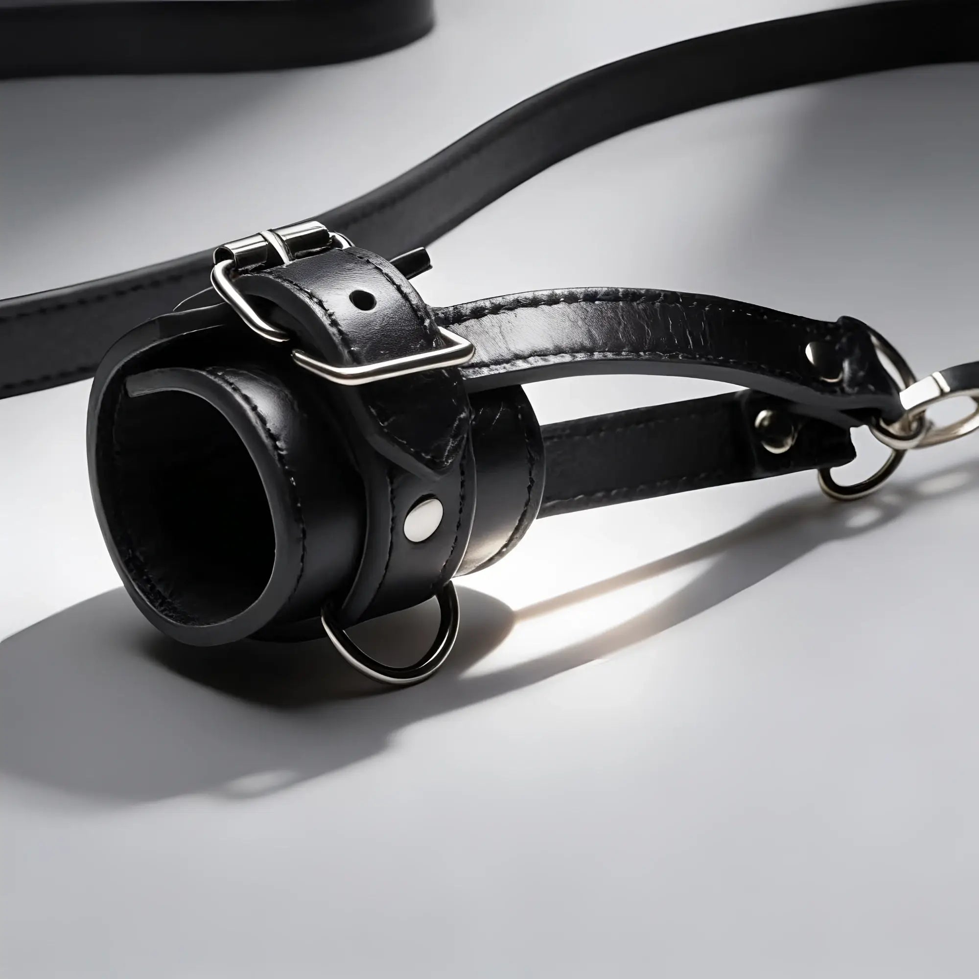 Strict Ball Stretcher with Leash: black leather tube with adjustable buckle, silver hardware, and attached leash.