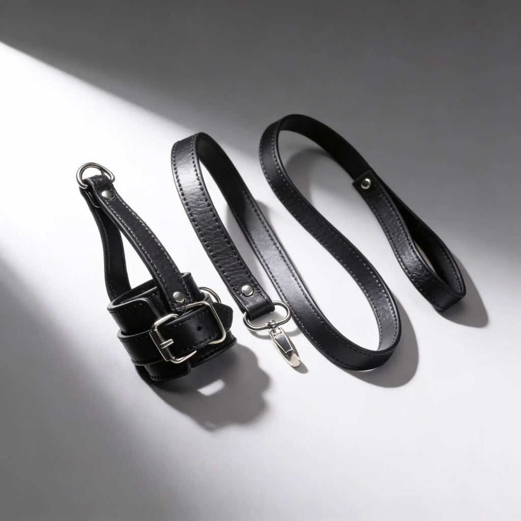 Strict Ball Stretcher with Leash: black leather restraint with silver buckle and metal snap-hook leash on white surface.