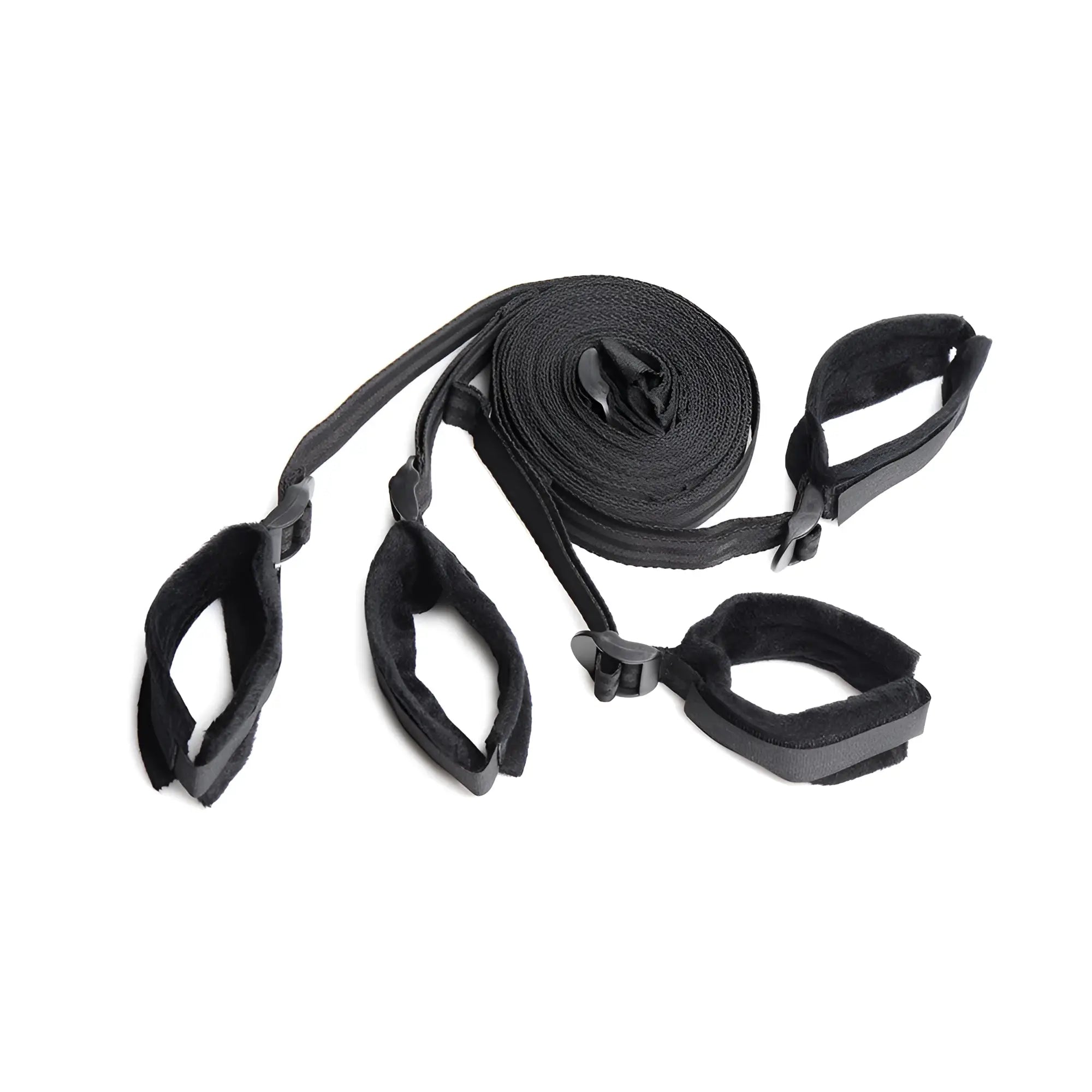 Strict Bed Restraint Bondage Kit: black nylon straps with plush-lined wrist and ankle cuffs on a white background.