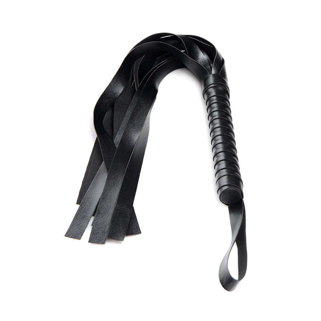Strict Bed Restraint Bondage Kit: A black faux-leather flogger with a wrapped handle and multiple long, flat tails.
