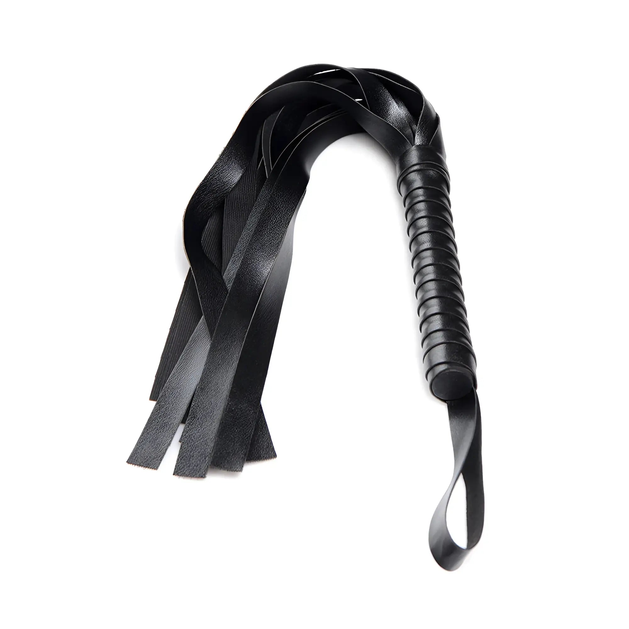 Strict Bed Restraint Bondage Kit: A black faux-leather flogger with a wrapped handle and multiple long, flat tails.
