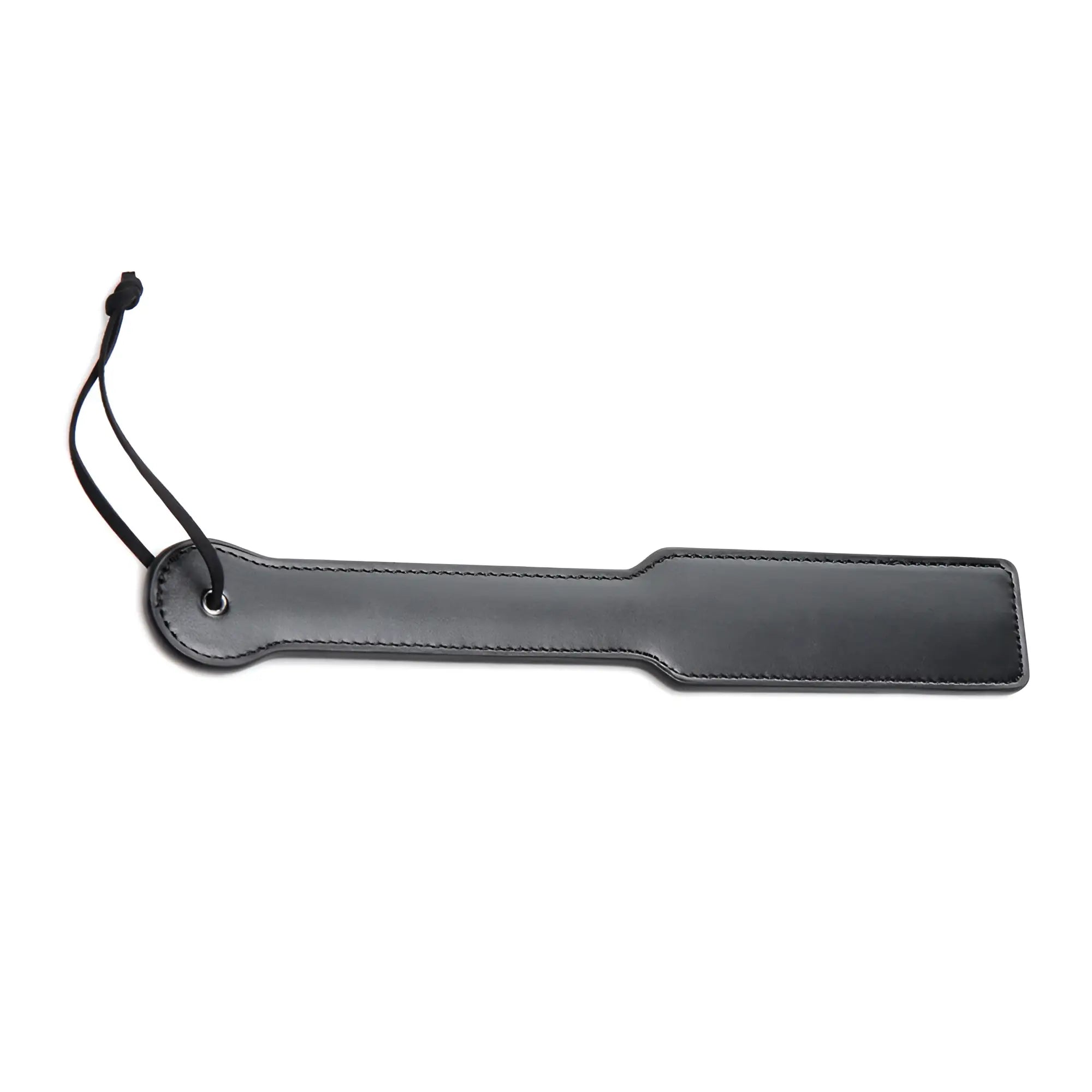 Strict Bed Restraint Bondage Kit: A sleek, black leather paddle with a wrist loop and reinforced stitching.