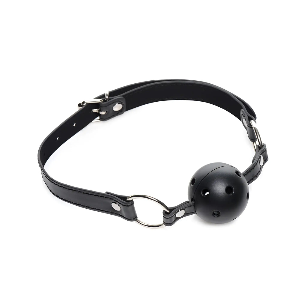 Strict Bed Restraint Bondage Kit: A black leather collar with an adjustable buckle and a perforated black ball gag.
