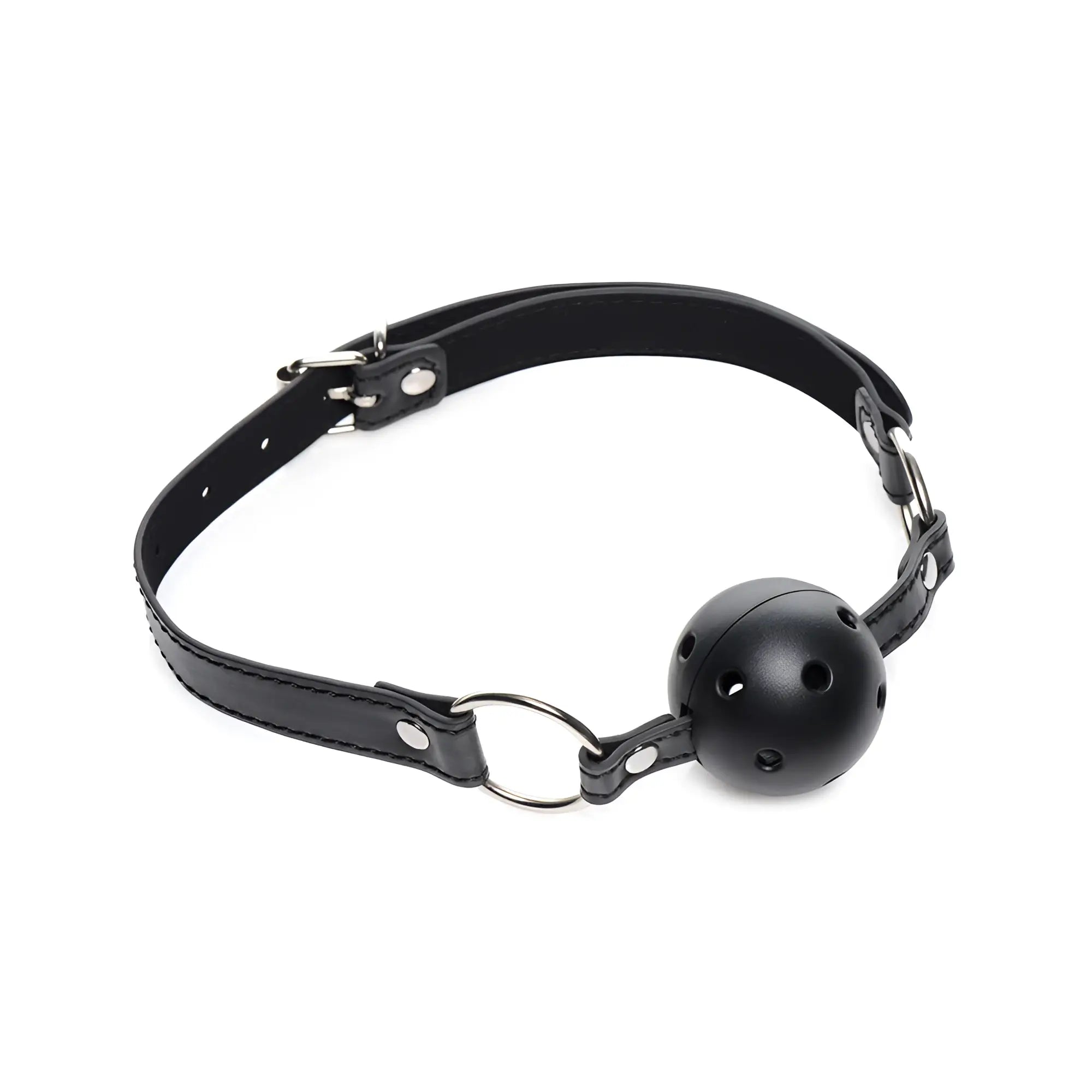Strict Bed Restraint Bondage Kit: A black leather collar with an adjustable buckle and a perforated black ball gag.