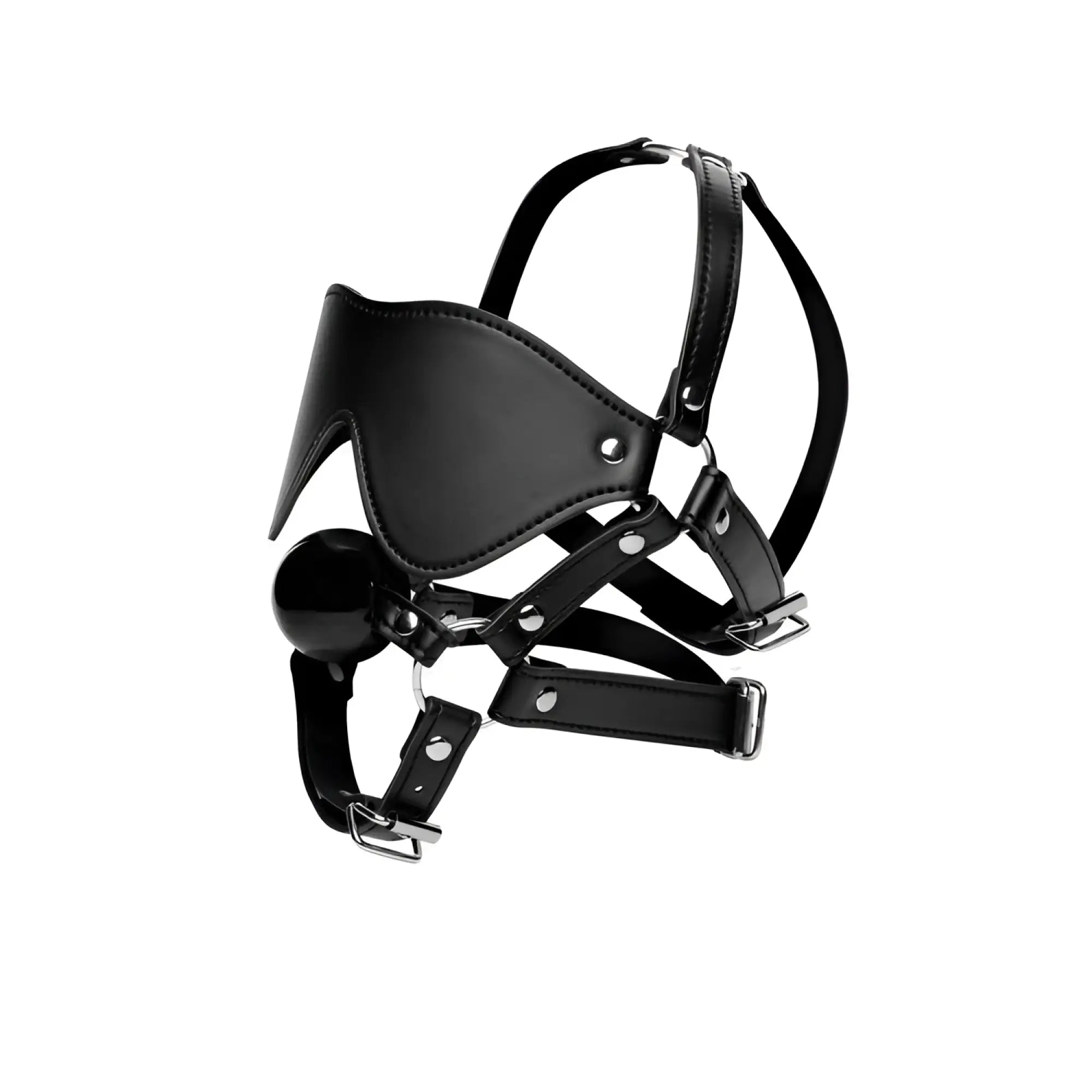 Strict Blindfold Harness and Ball Gag: black leather gear with silver metal hardware and a round gag, isolated on white.