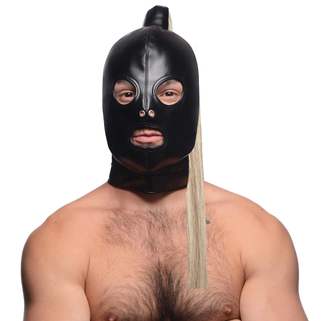 Strict Blonde Ponytail Bondage Hood: A black faux-leather mask with eye, nose, and mouth cutouts and a blonde ponytail.