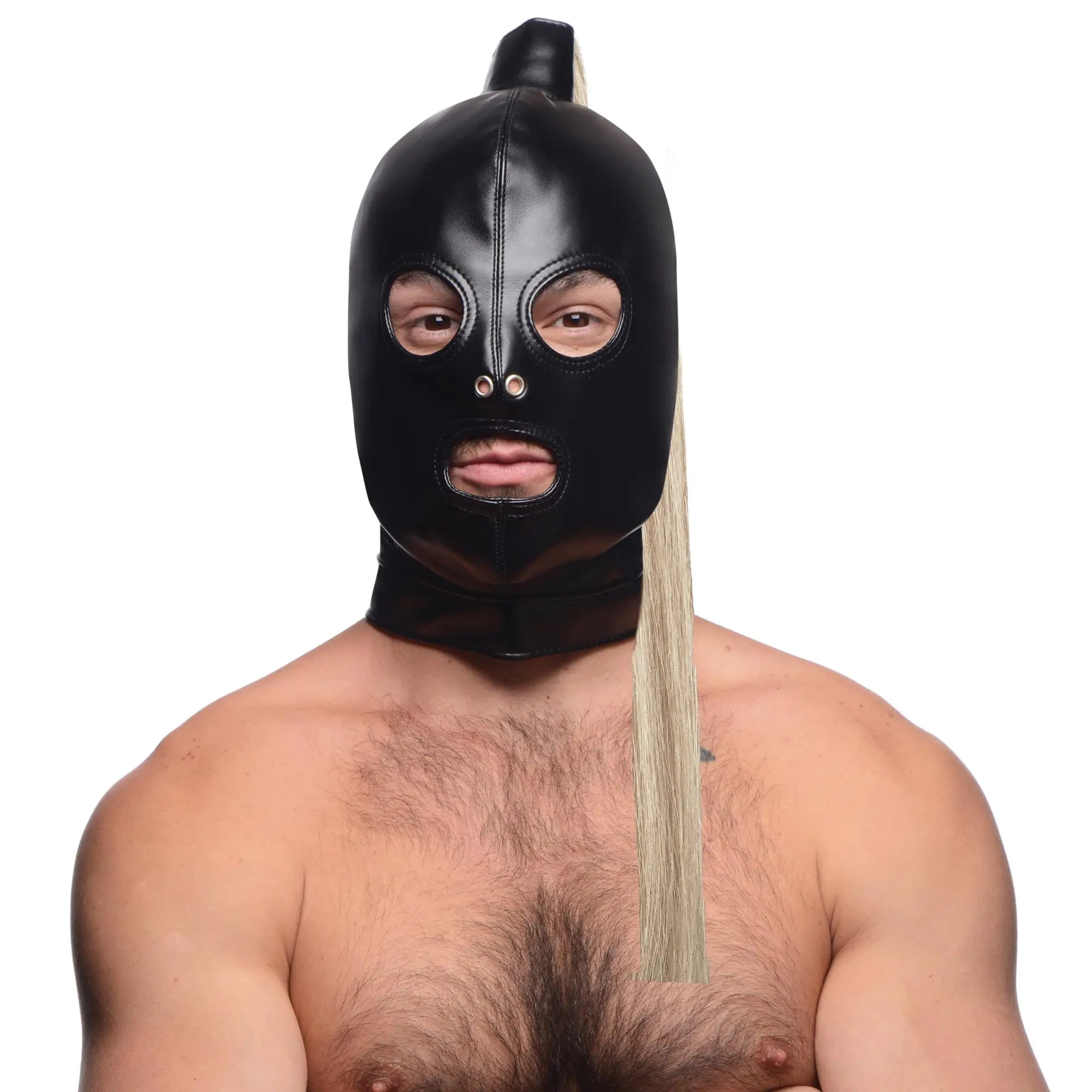Strict Blonde Ponytail Bondage Hood: A black faux-leather mask with eye, nose, and mouth cutouts and a blonde ponytail.