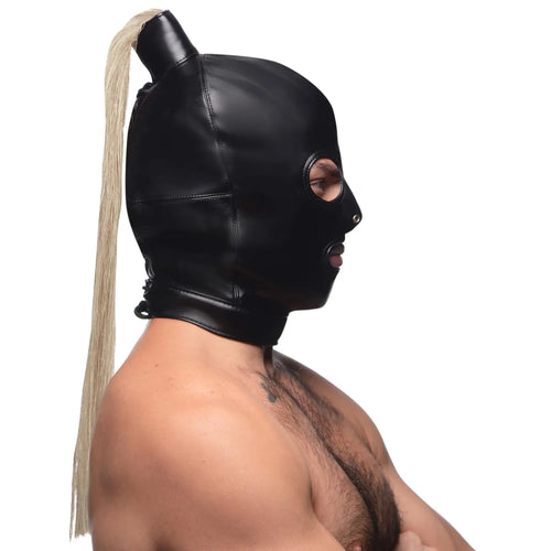 Strict Blonde Ponytail Bondage Hood: A black faux-leather mask featuring cutouts for eyes, nose, and a long blonde tail.