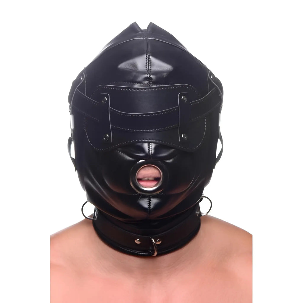 Strict Bondage Hood in black, featuring an integrated O-ring mouth gag, full-face design, and matching neck collar.