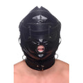 Strict Bondage Hood in black, featuring an integrated O-ring mouth gag, full-face design, and matching neck collar.