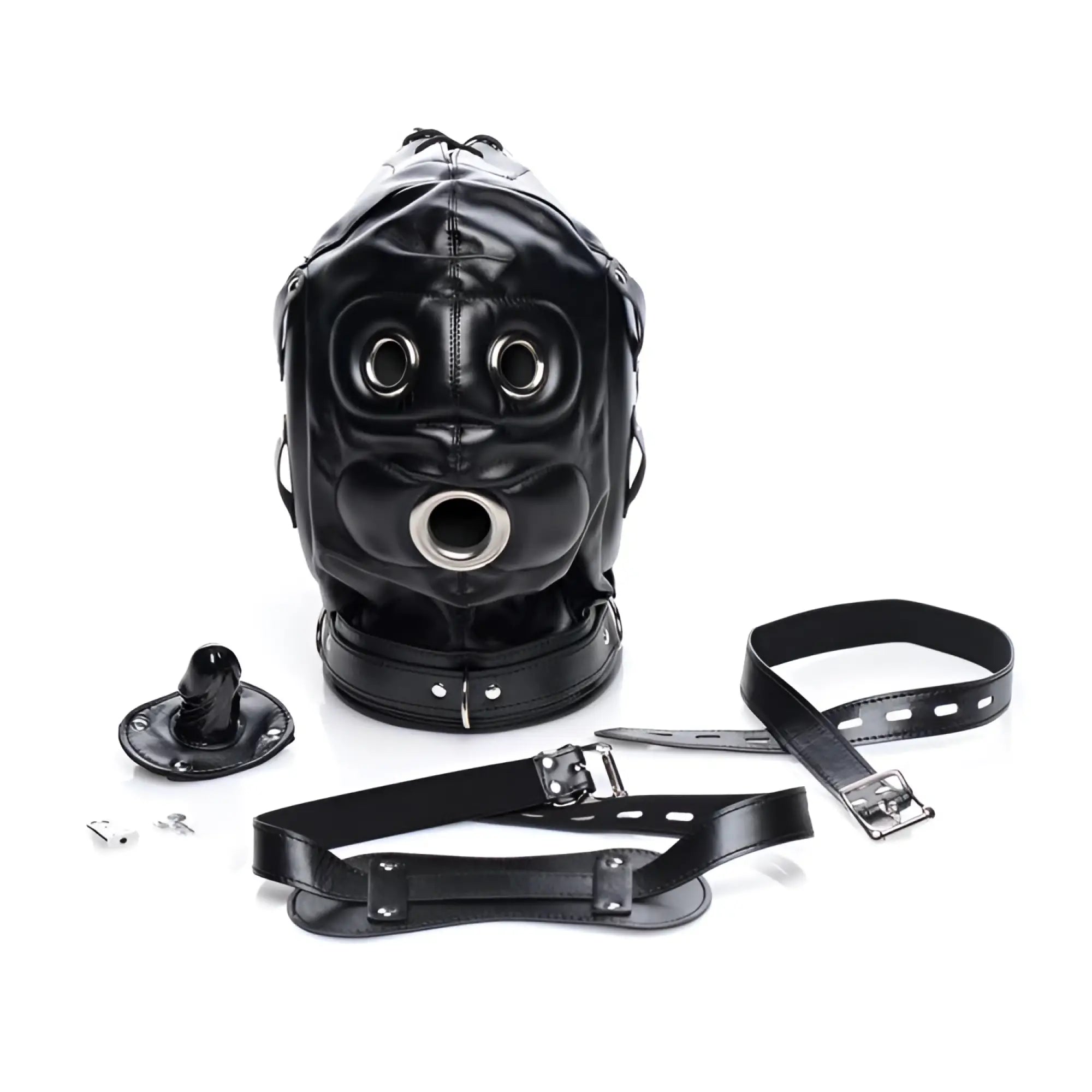 Black leather bondage hood with metal-rimmed eye and mouth openings, plus a matching penis gag and adjustable straps.