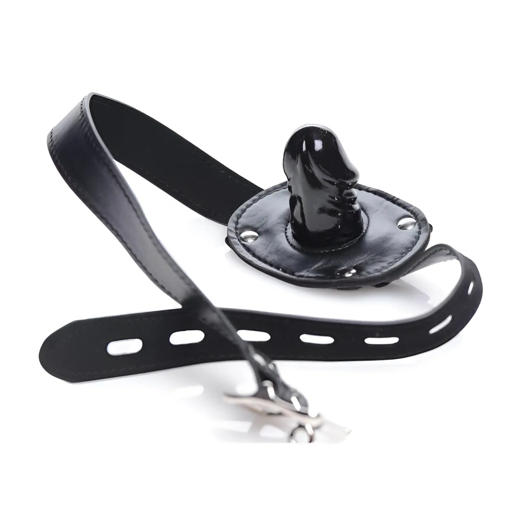 Strict Bondage Hood with Penis Gag featuring a black leather head strap and an integrated, glossy black phallic gag.