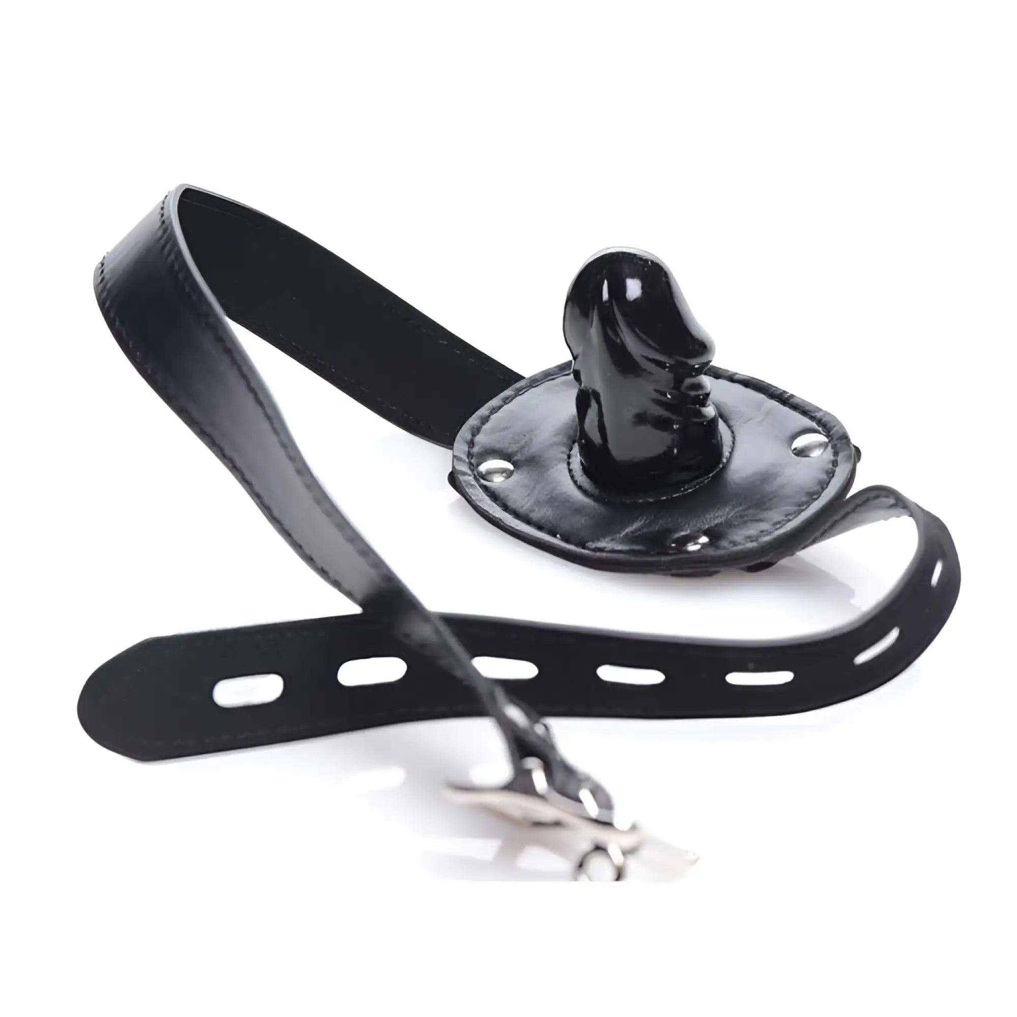 Strict Bondage Hood with Penis Gag featuring a black leather head strap and an integrated, glossy black phallic gag.