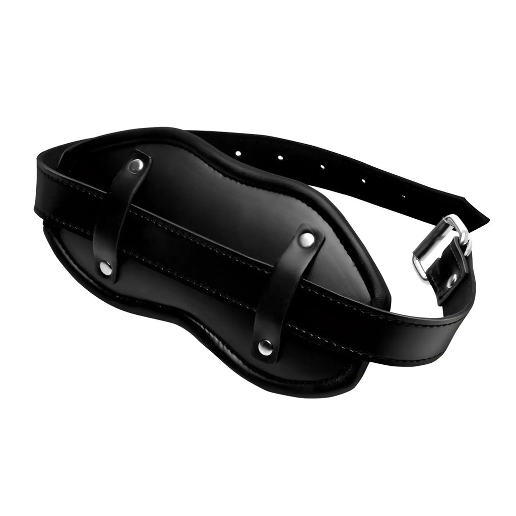 Strict Cock Head silicone mouth gag: A black faux-leather strap with buckle closure and silver-tone hardware.