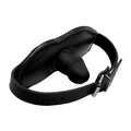 Strict Cock Head silicone mouth gag with a black adjustable leather-style head strap and silver buckle.