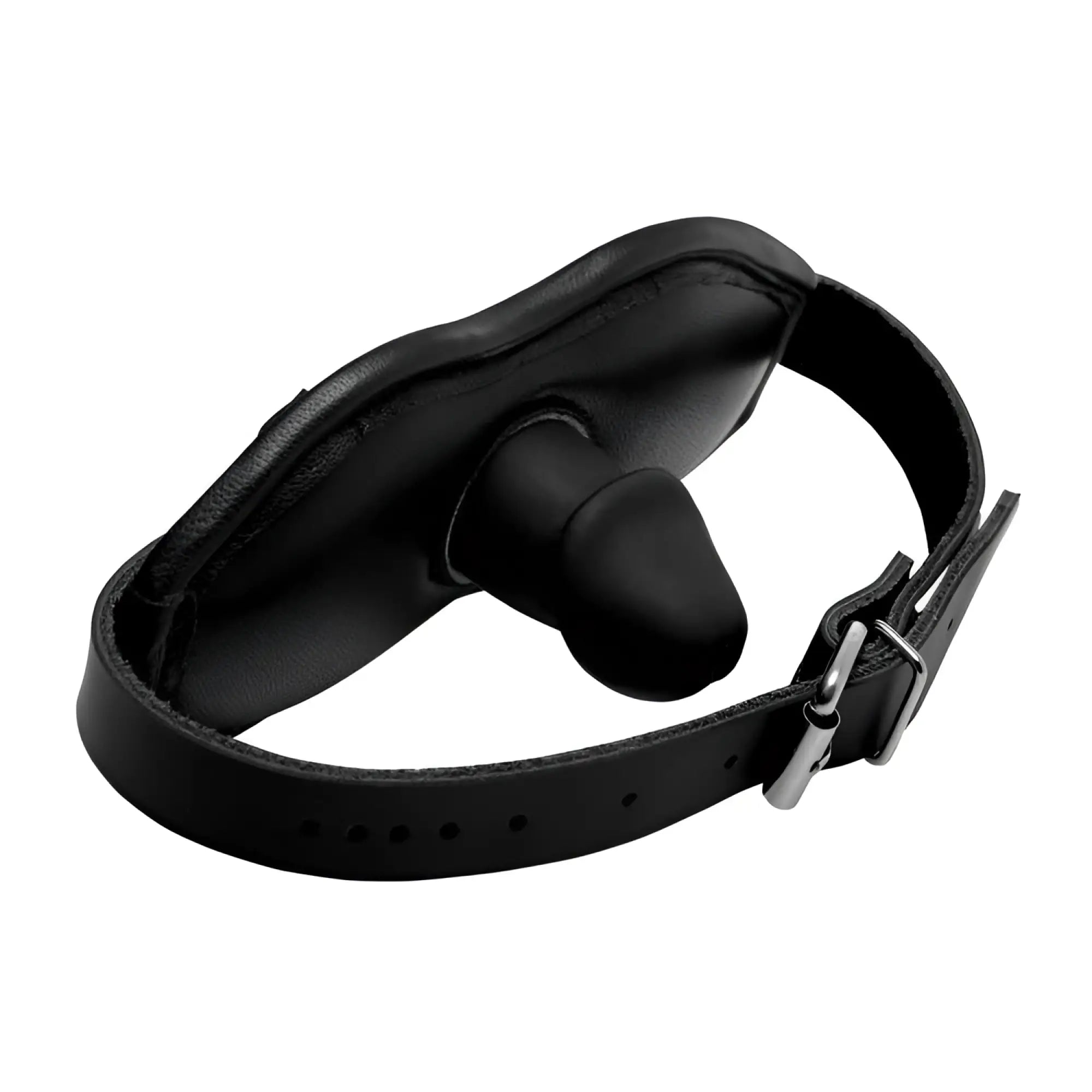 Strict Cock Head silicone mouth gag with a black adjustable leather-style head strap and silver buckle.