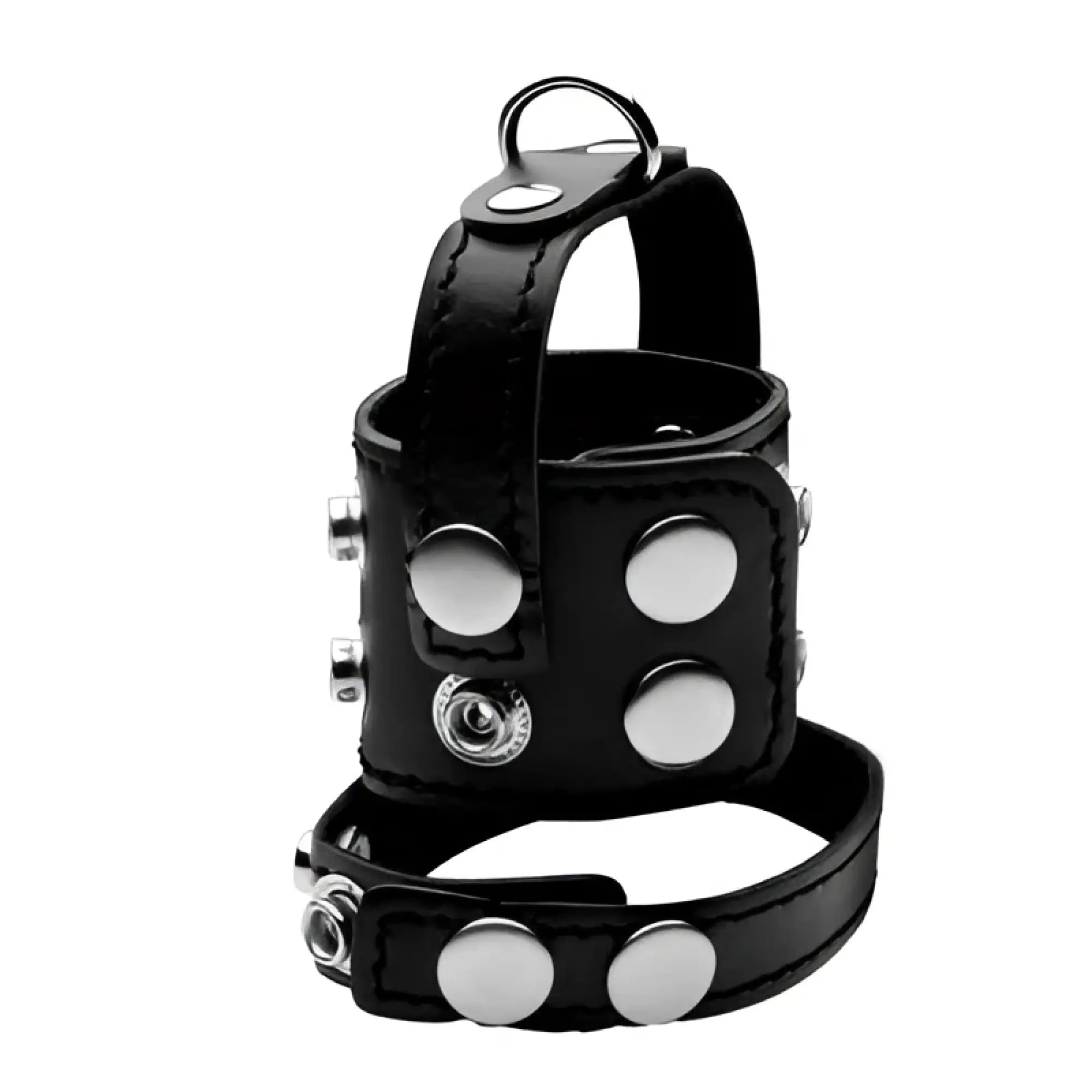 Black leather cock strap and ball stretcher with silver studs and adjustable strap.