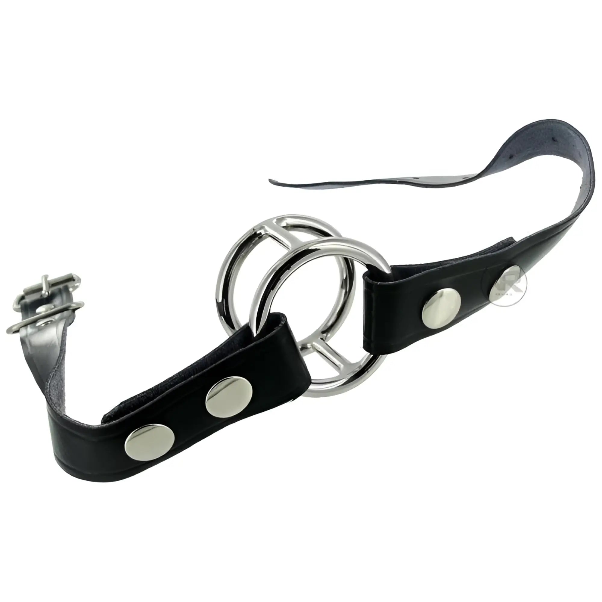 Strict The Deep Throat Gag featuring a black leather strap with silver rivets and a double-ring metal cage design.