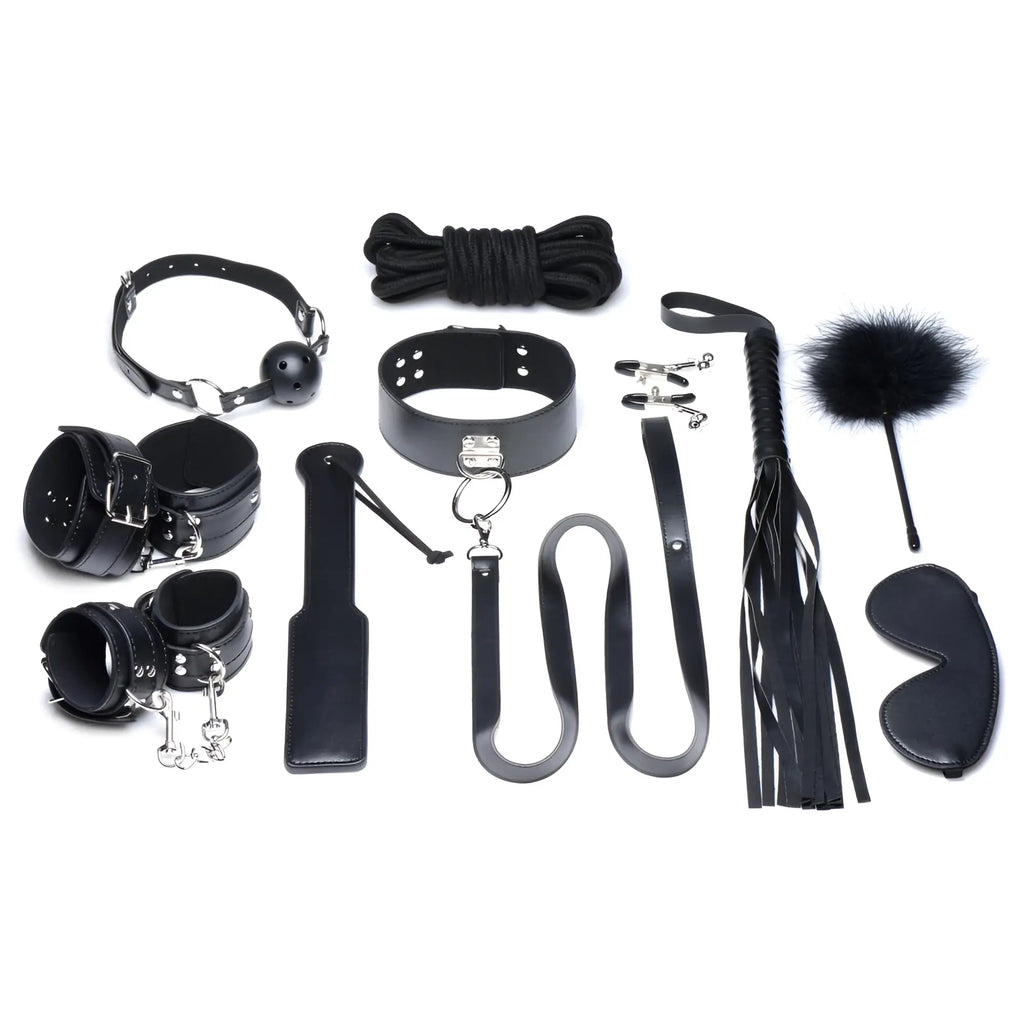 Strict Deluxe 10-piece bondage set featuring black faux leather accessories, rope, cuffs, a gag, whip, and blindfold.