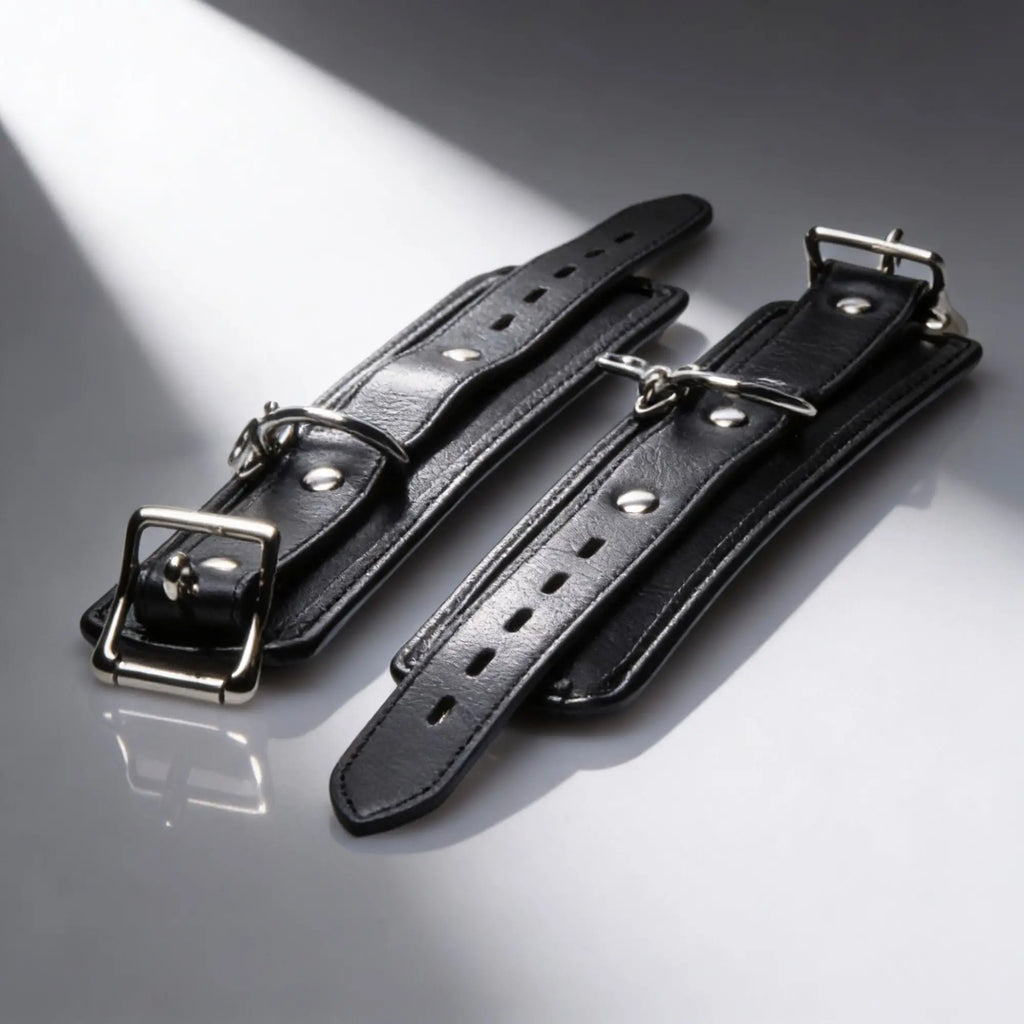 Strict Deluxe Bed Restraint System: Two black leather cuffs featuring silver buckles and D-rings on a white background.
