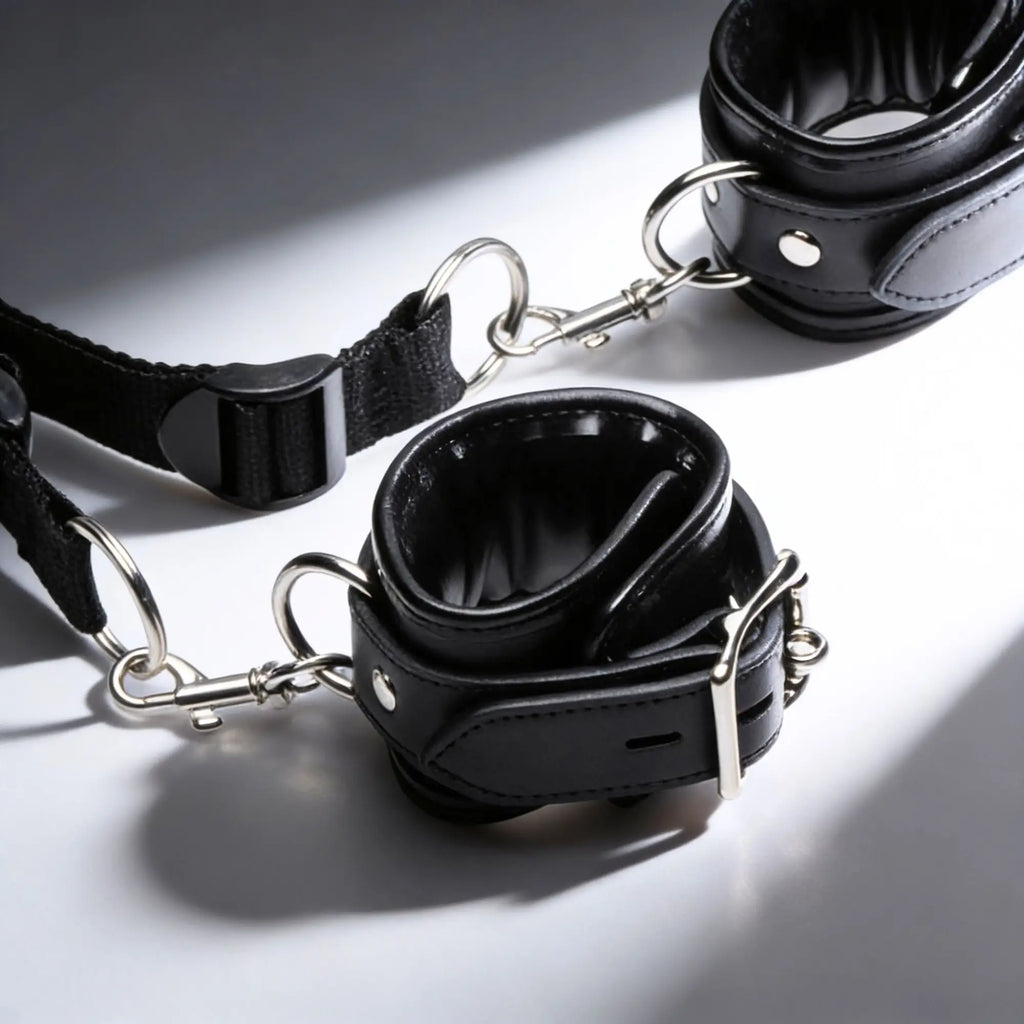 Strict Deluxe Bed Restraint System: Black leather-look cuffs with silver hardware and adjustable nylon webbing straps.