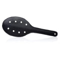 Strict Deluxe Rounded Paddle with Holes: A black, rounded leather paddle featuring eight circular cutouts and a handle.