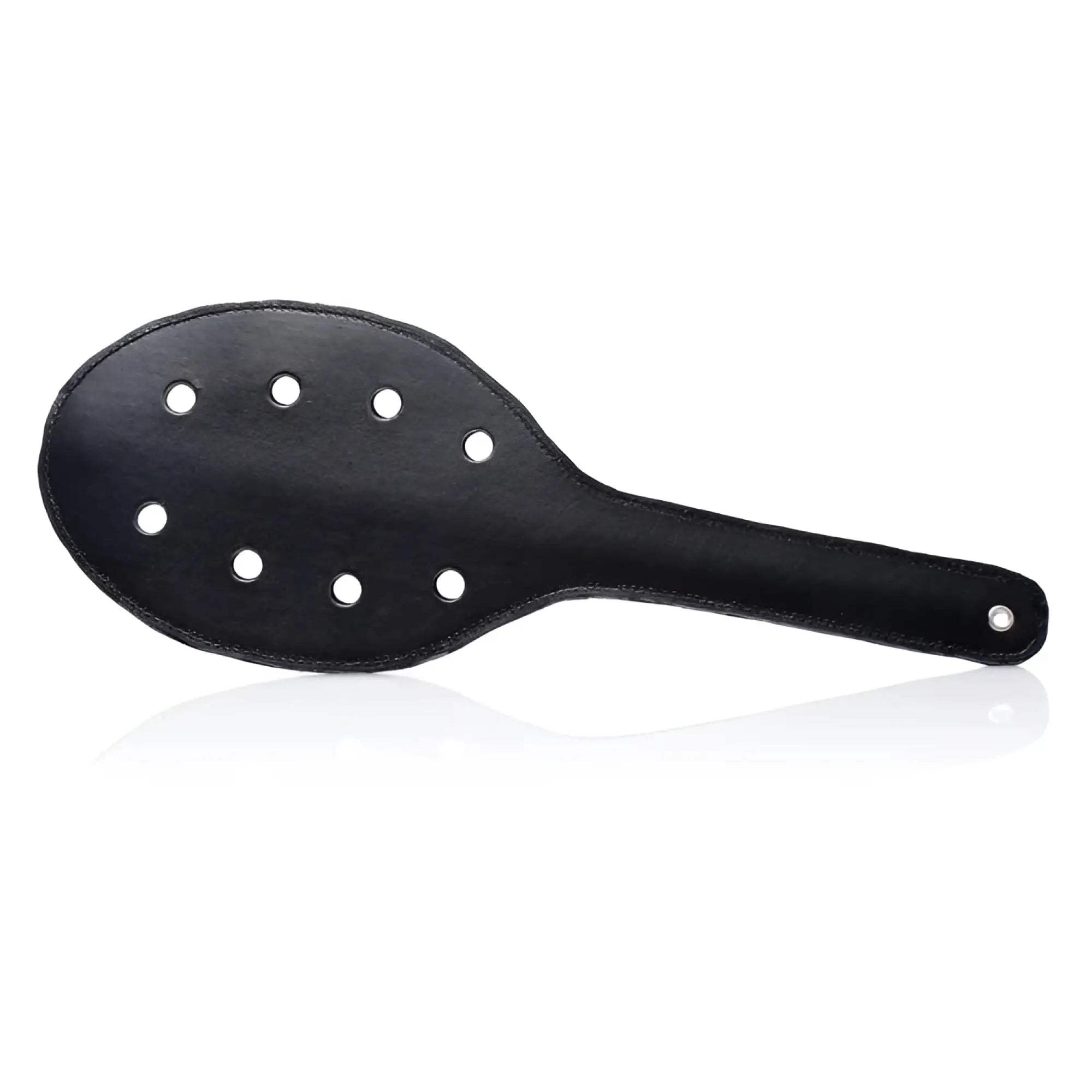 Strict Deluxe Rounded Paddle with Holes: A black, rounded leather paddle featuring eight circular cutouts and a handle.