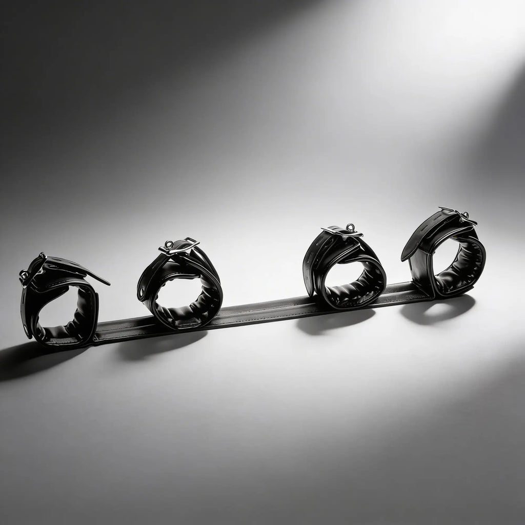 Strict Deluxe Spreader Bar: Black leather-style rod with four adjustable padded cuffs and silver metal hardware.
