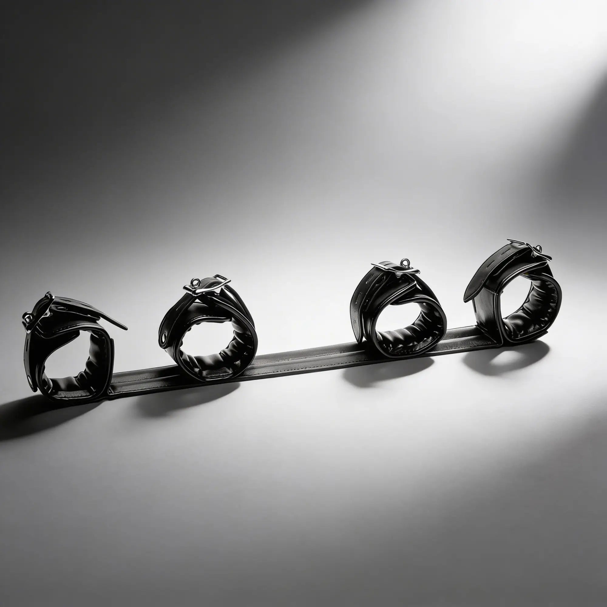 Strict Deluxe Spreader Bar: Black leather-style rod with four adjustable padded cuffs and silver metal hardware.