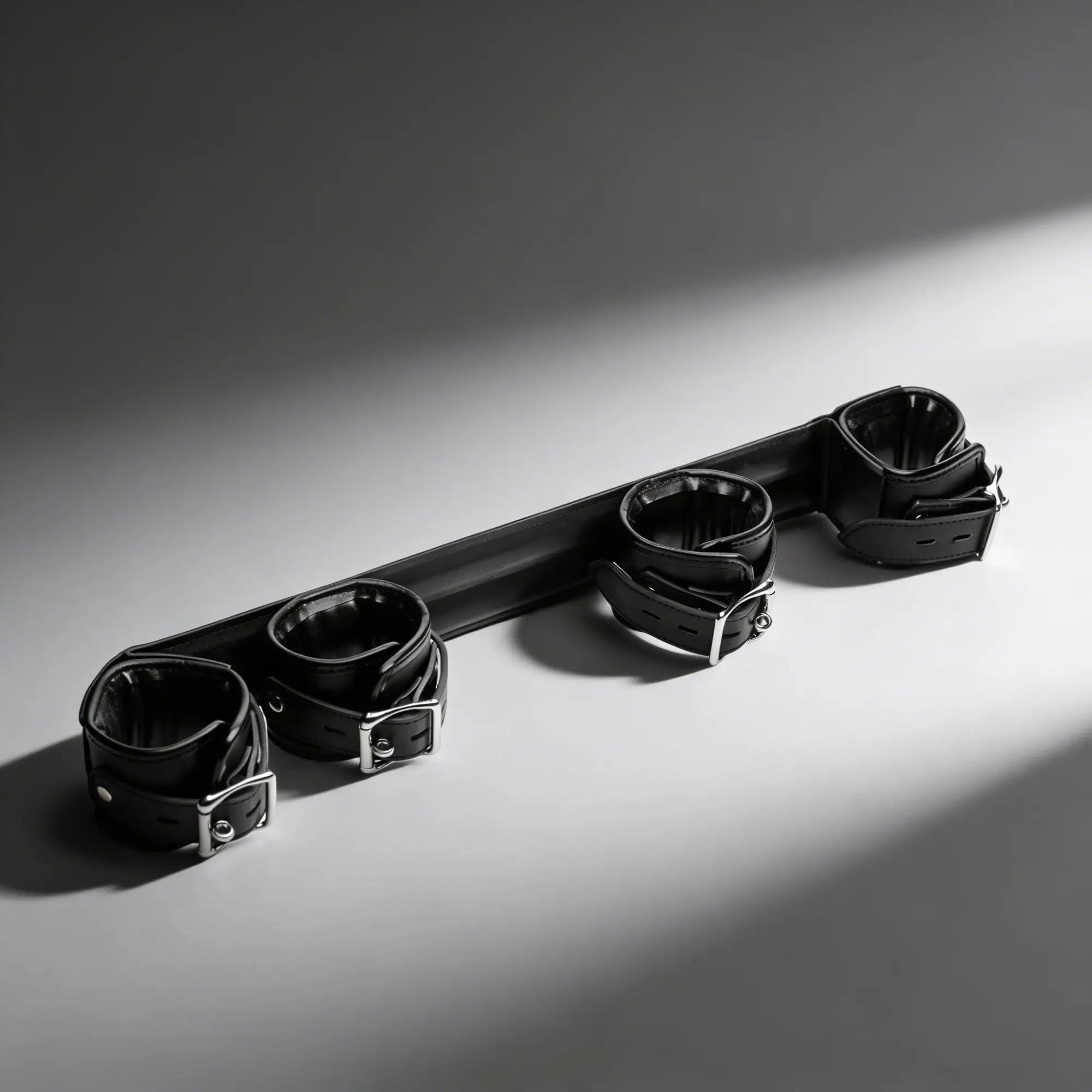 Strict Deluxe Spreader Bar in black leather with three adjustable padded cuffs featuring silver-tone metal buckles.
