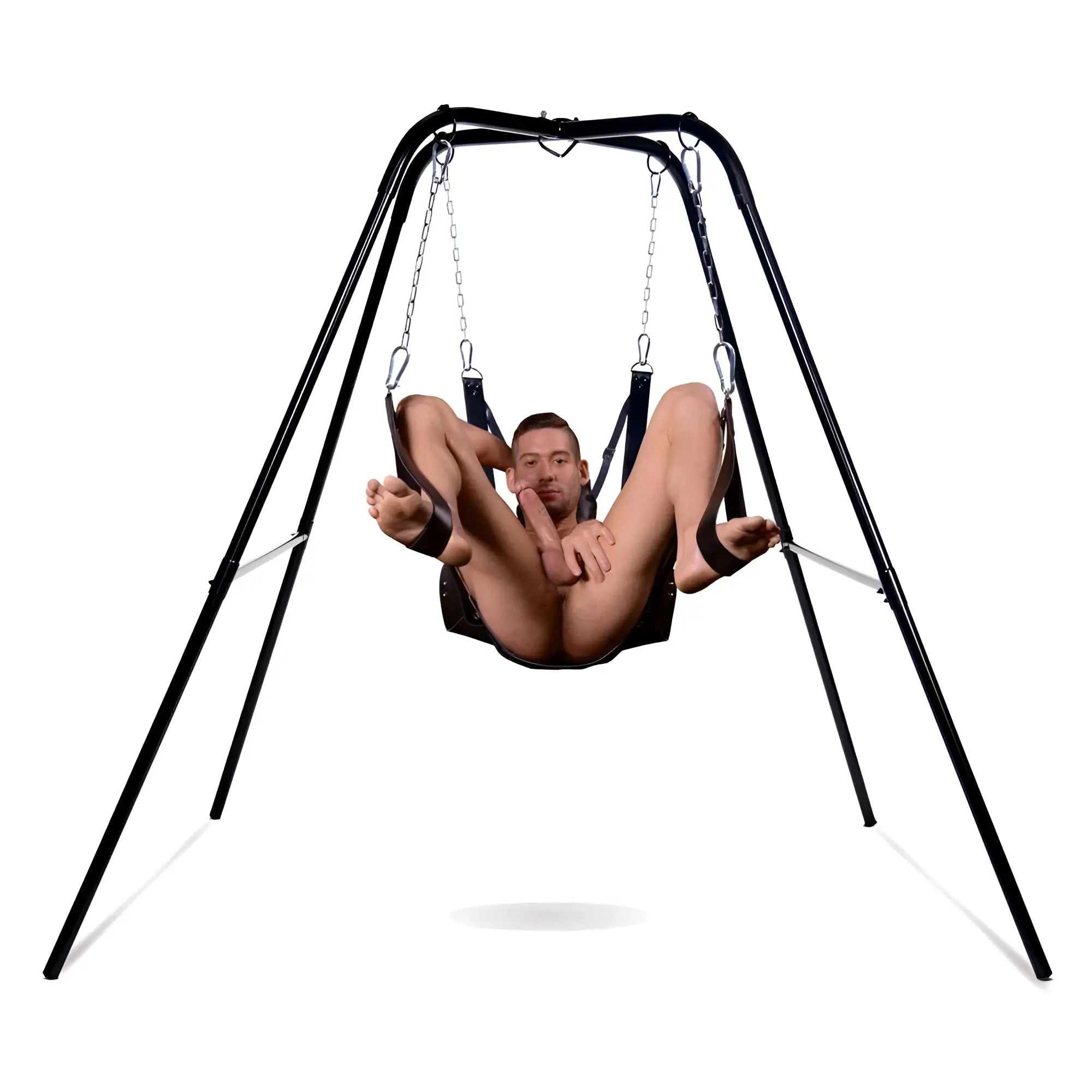 Strict Extreme Sling and Swing Stand: A black metal frame holding a black leather swing with a man positioned inside.