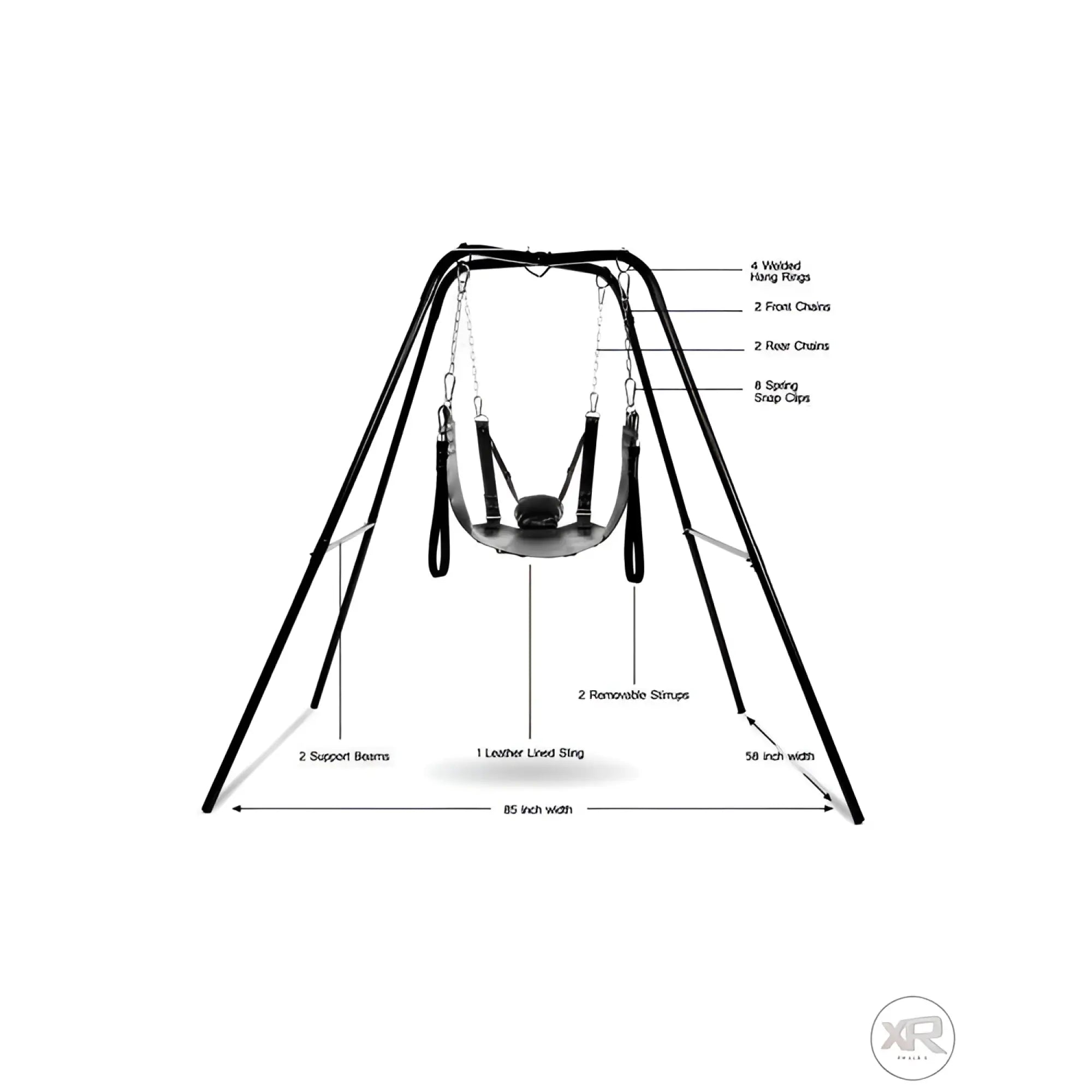 Strict Extreme Sling and Swing Stand: A black metal A-frame stand with a leather-lined sling, chains, and stirrups.
