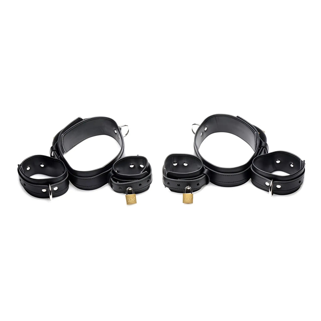 Strict Frog Tie Restraint Set: Two black leather restraint systems with multiple adjustable cuffs and gold padlocks.